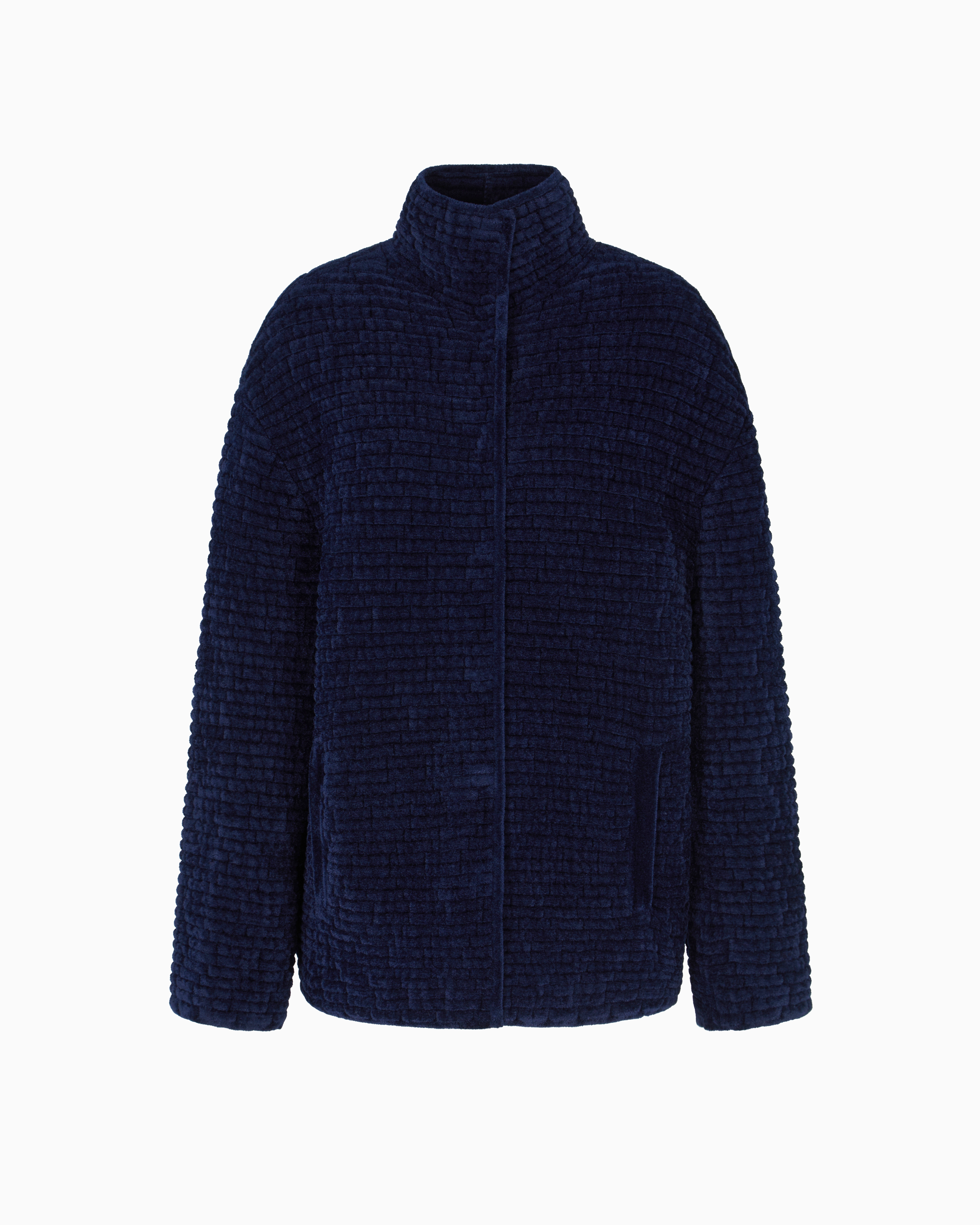 Emporio Armani Embossed Jacquard Bonded Terry-effect Chenille Jacket In Blue