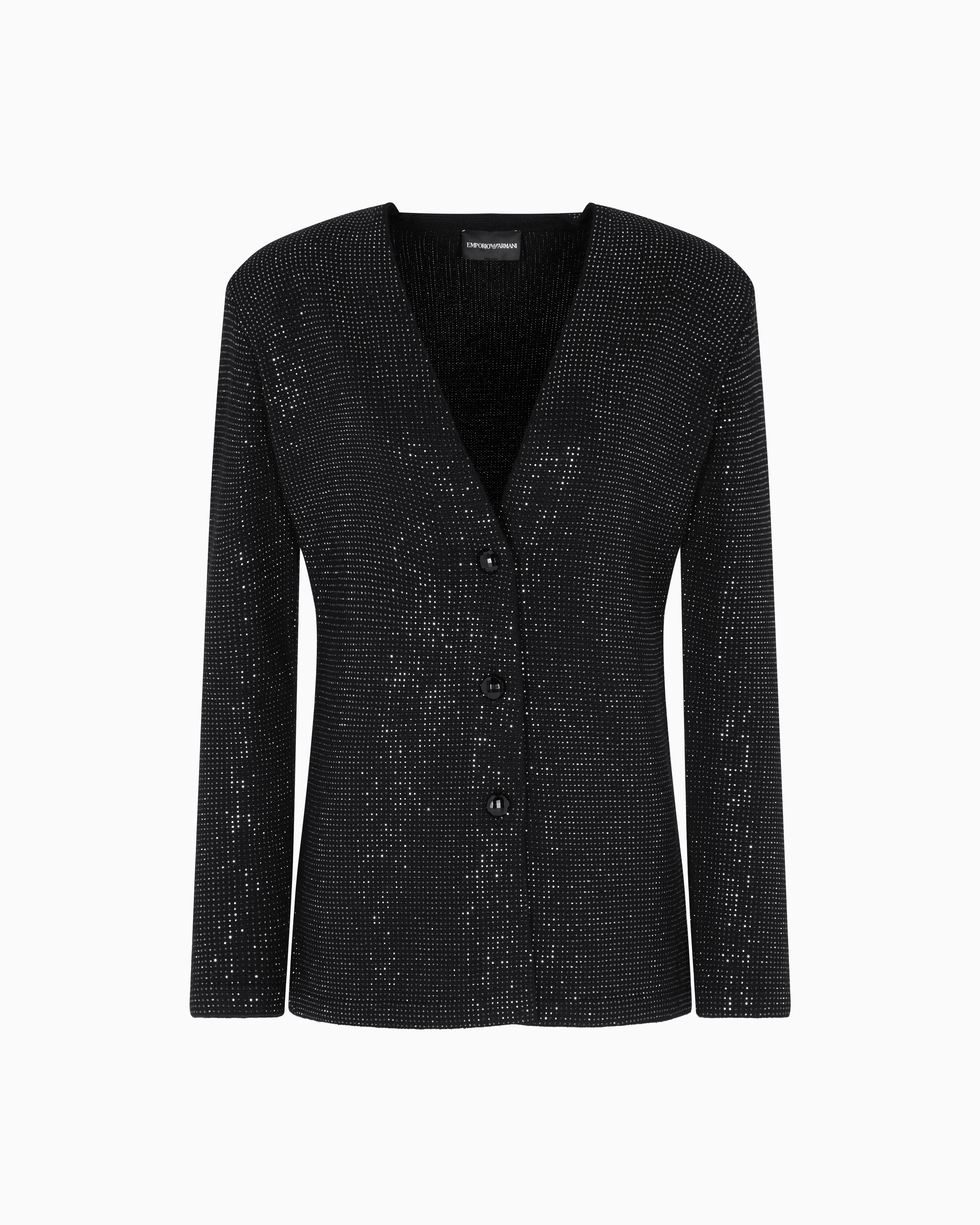 Emporio Armani - Virgin wool-blend plain-knit cardigan with all-over rhinestones, Woman, Black, Size: