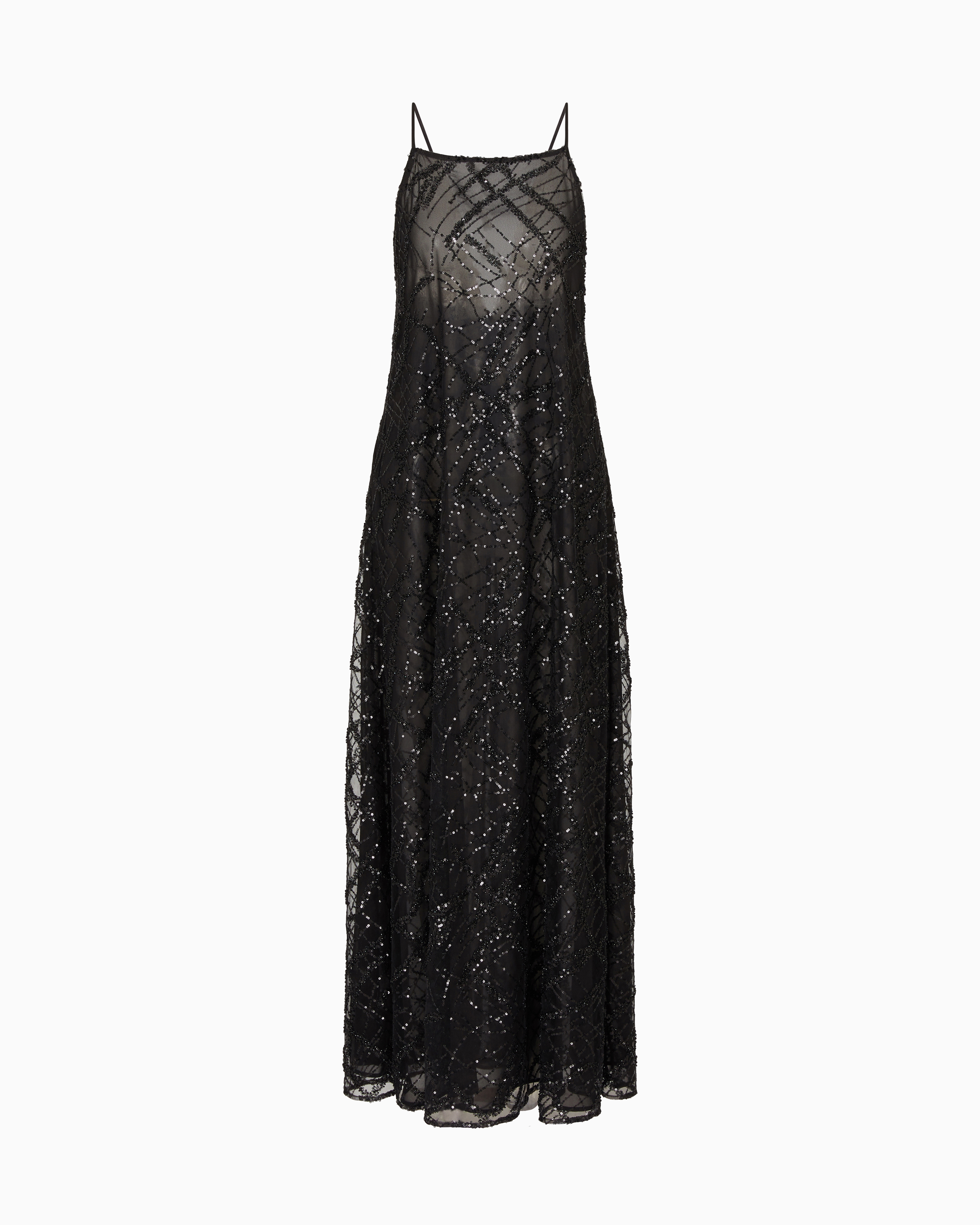 Emporio Armani - Long tulle dress with all-over micro-sequin and jet embroidery, Woman, Black, Size: