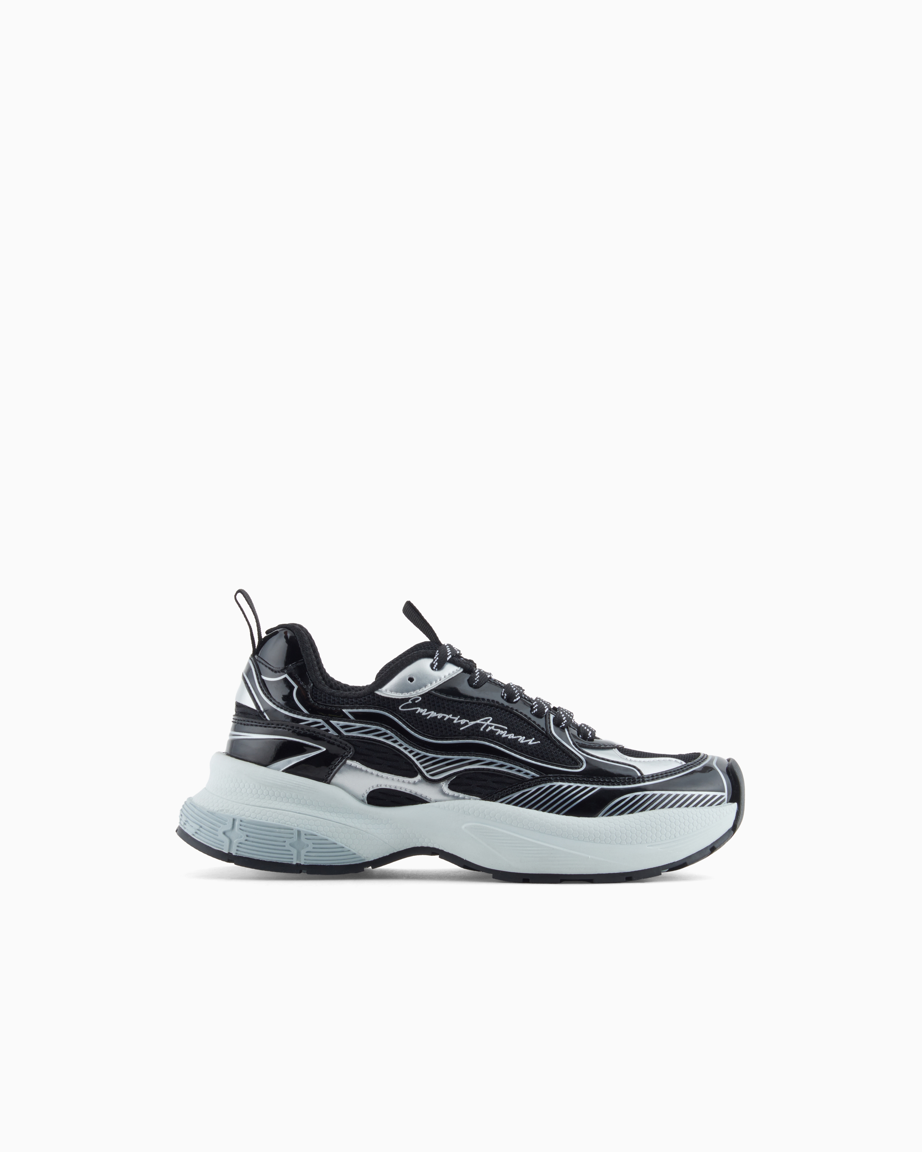 Emporio Armani Mesh Sneakers With Laminated Details And Signature Logo In Silver