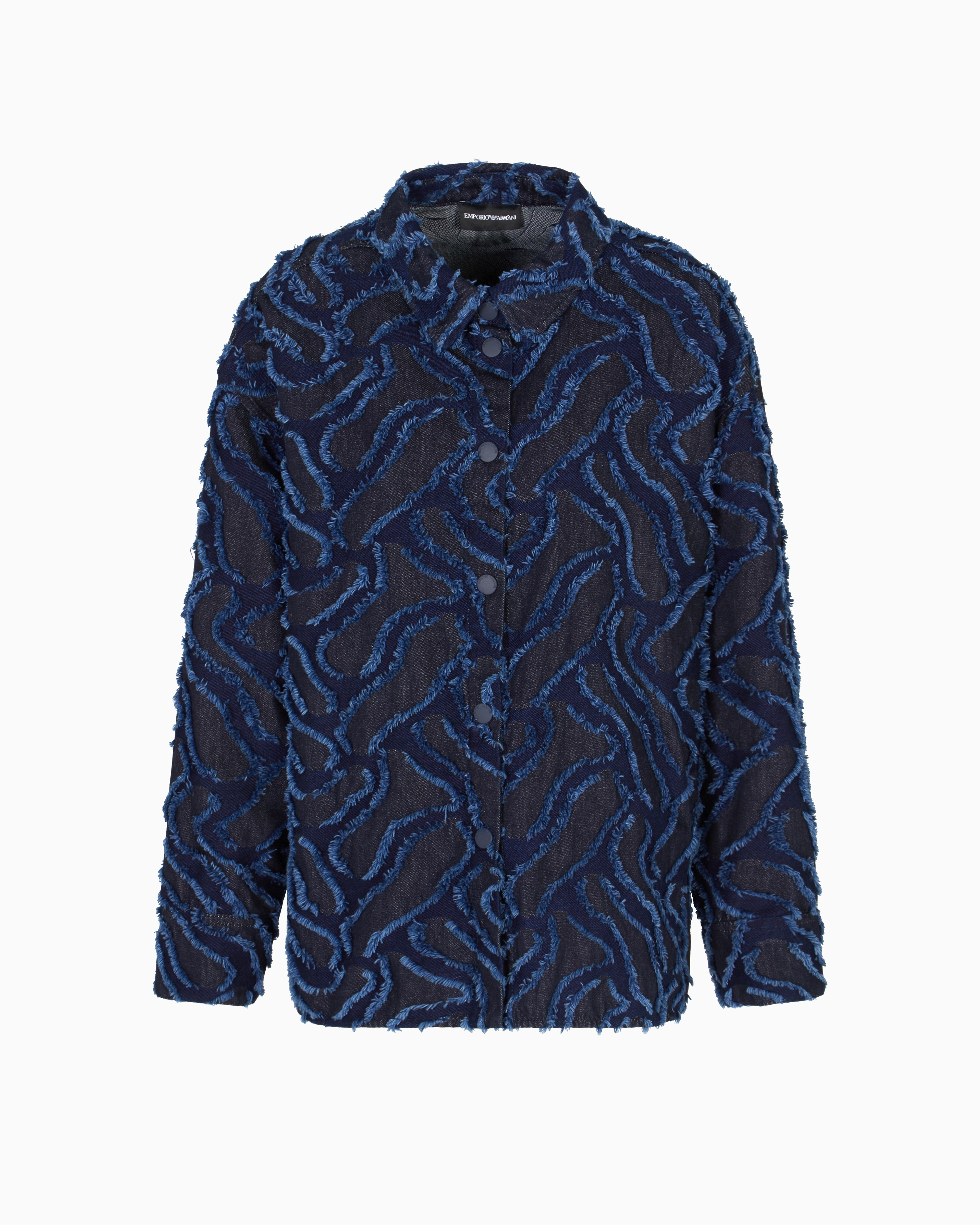 Emporio Armani Fringed Embossed-motif Jacquard Denim Shirt Jacket In Blue