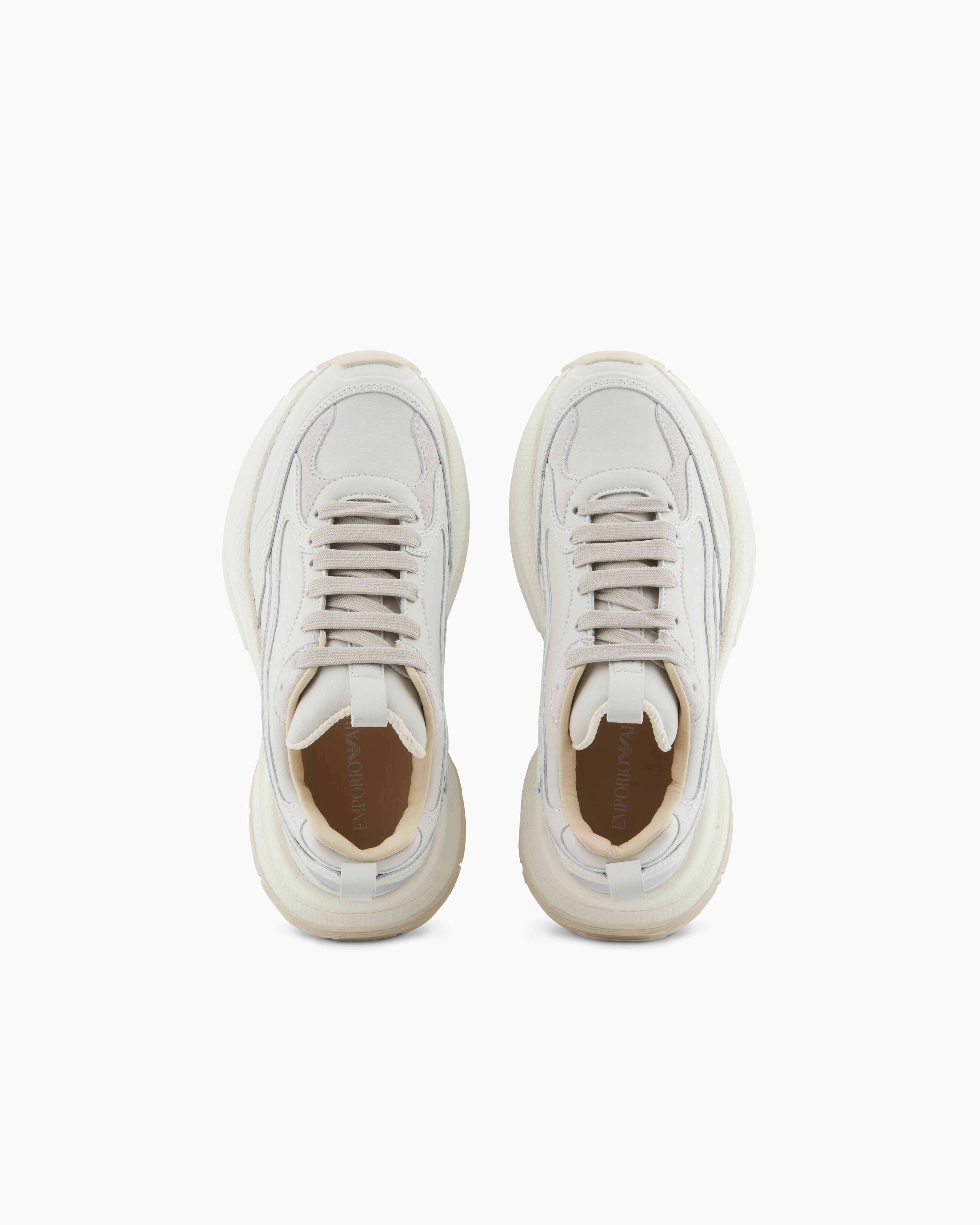 Emporio Armani Leather Sneakers With Velvet Details And A Signature Logo In Silver