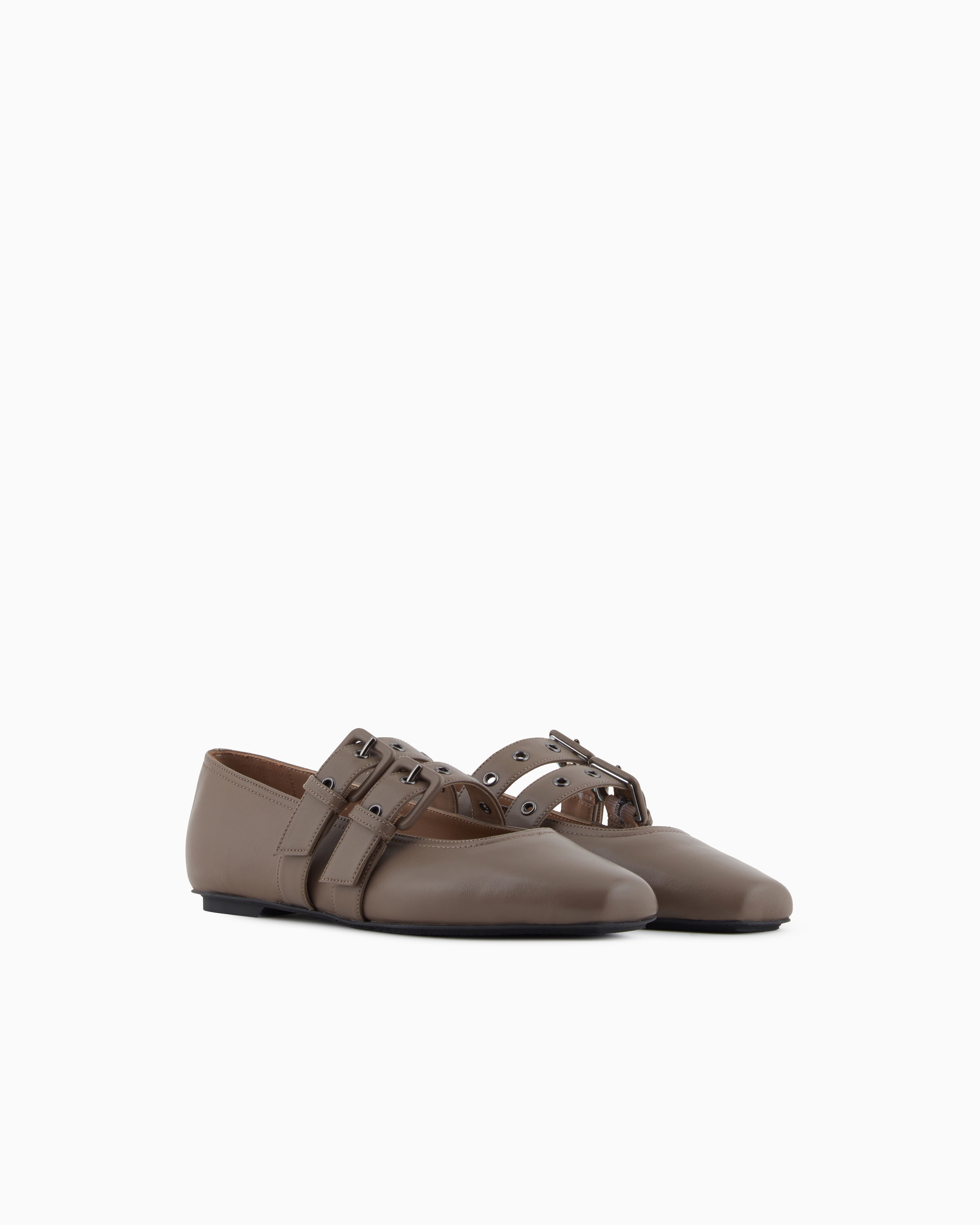 Emporio Armani - Nappa-leather square-toed ballerinas with double strap, Woman, Brown, Size: