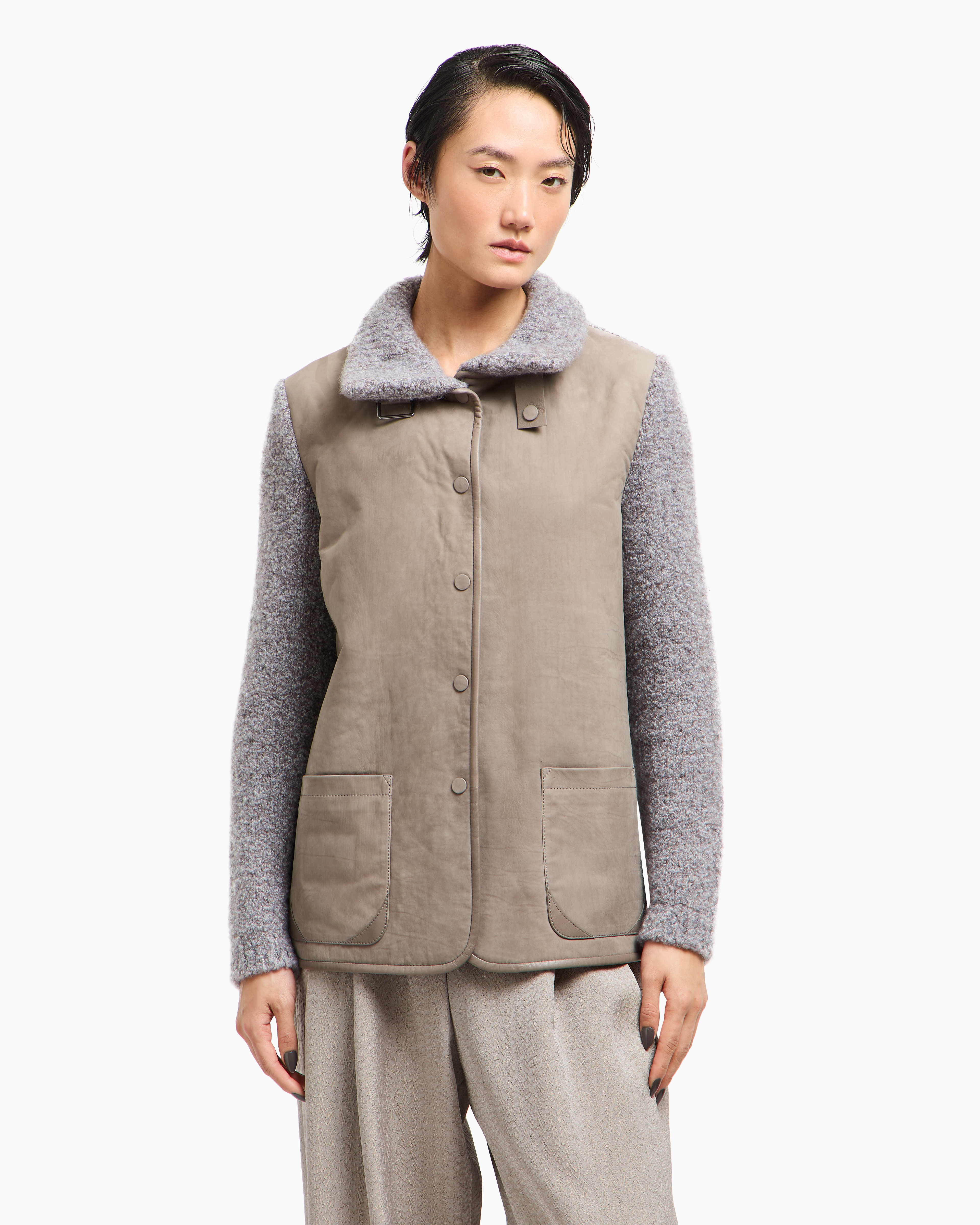 Giorgio Armani Jacket In Calfskin And Cashmere And Silk Bouclé In Brown