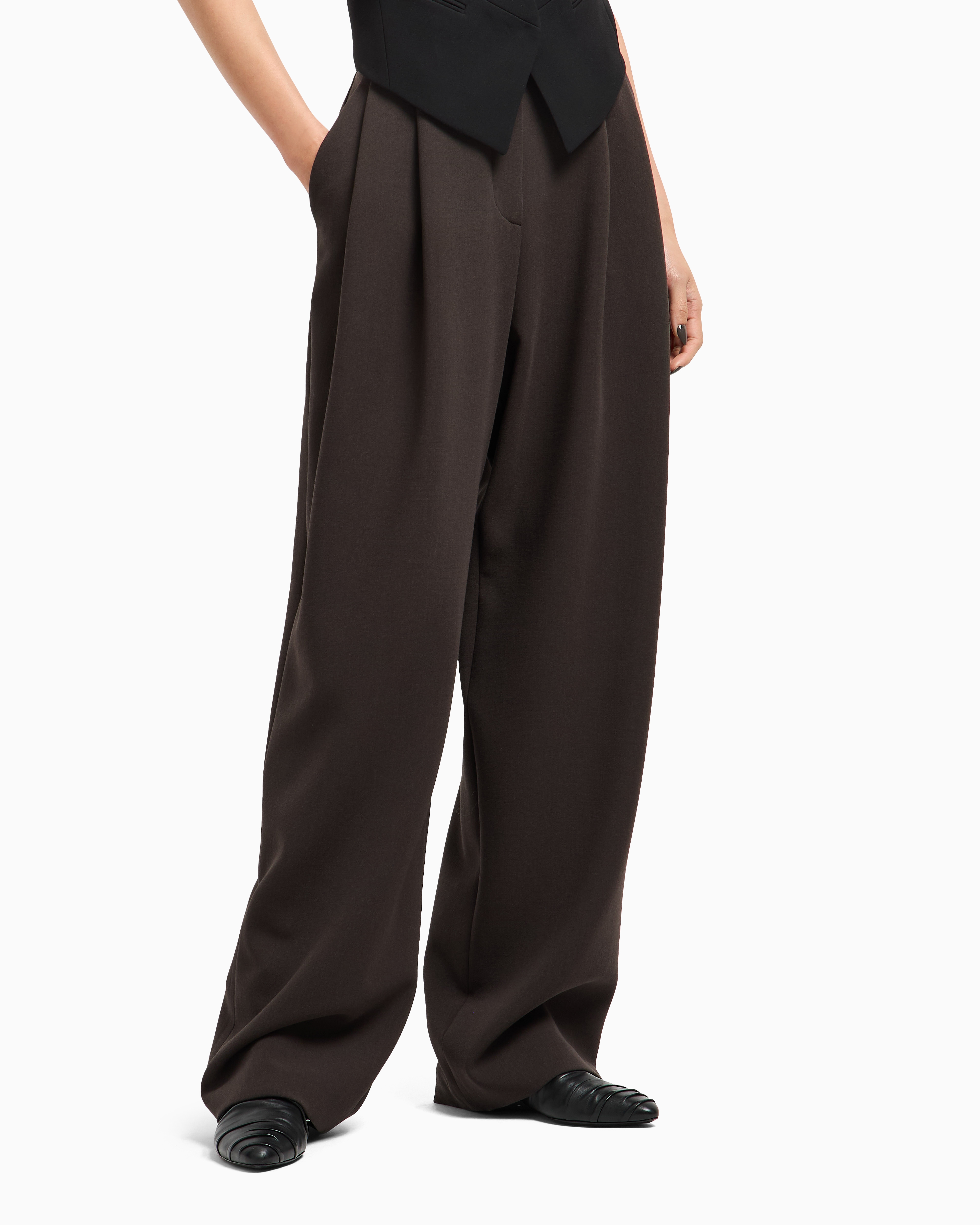Giorgio Armani Double-pleat Trousers In Stretch Virgin Wool In Brown