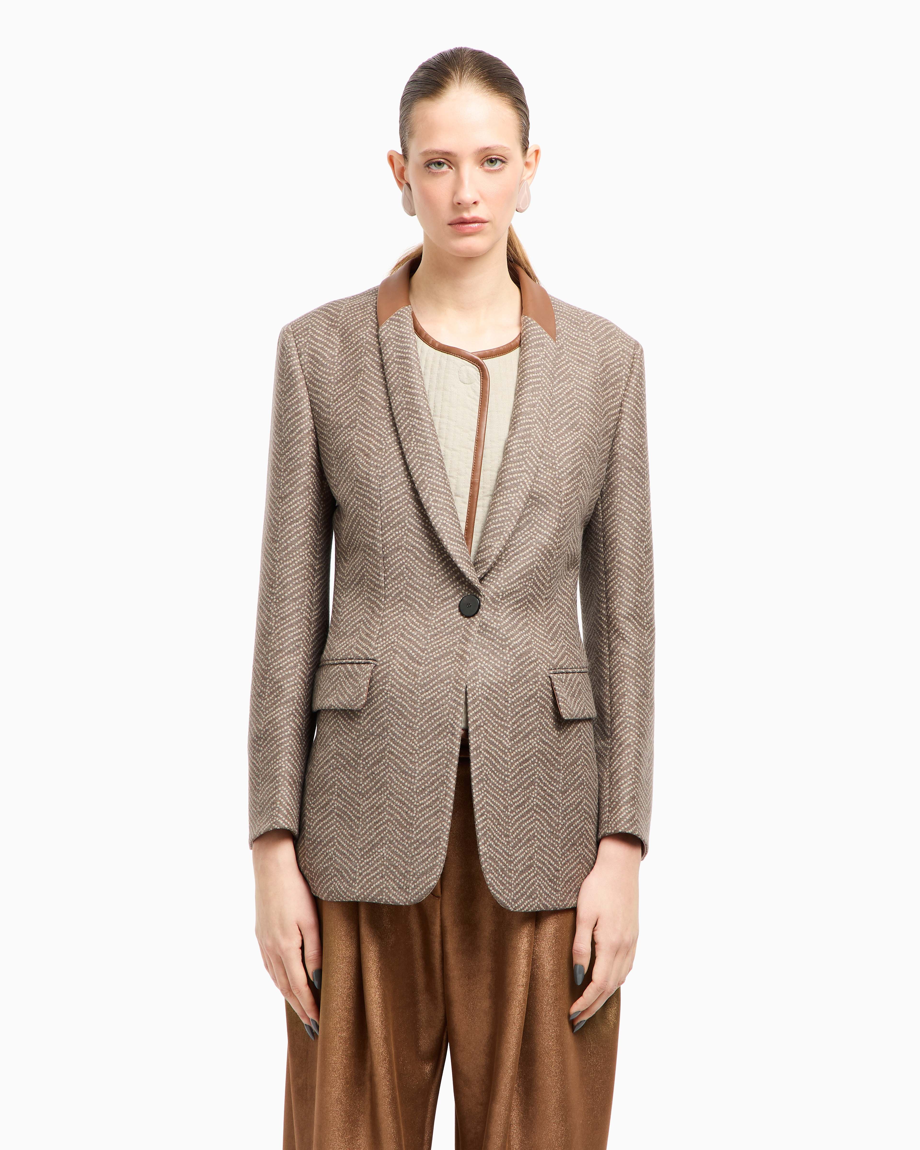 Giorgio Armani Asv Single-breasted Jacket In Chevron Jacquard Virgin Wool And Cashmere In Neutral