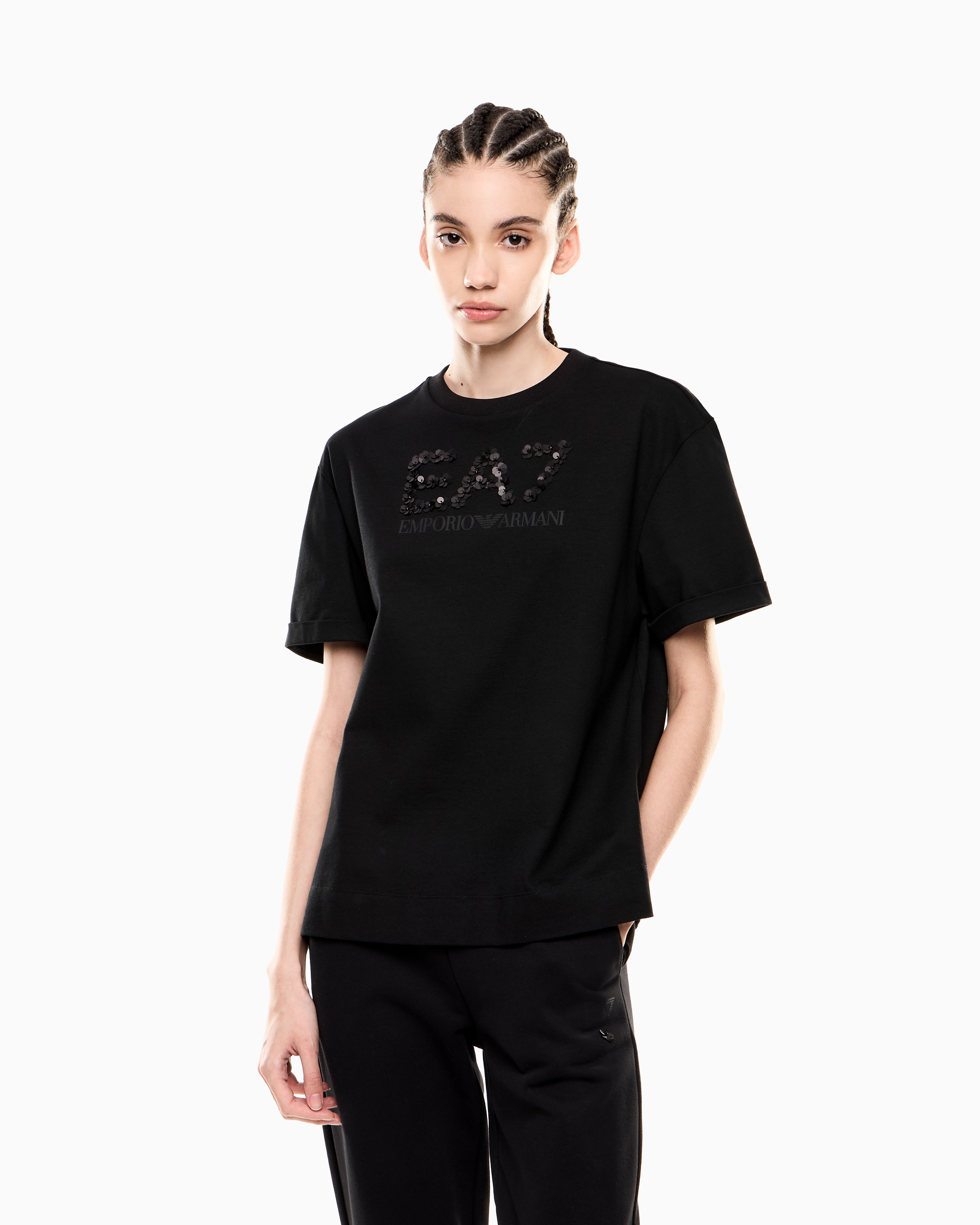 Ea7 T-shirt Logo Series Ras-du-cou En Jersey De Coton Avec Paillettes