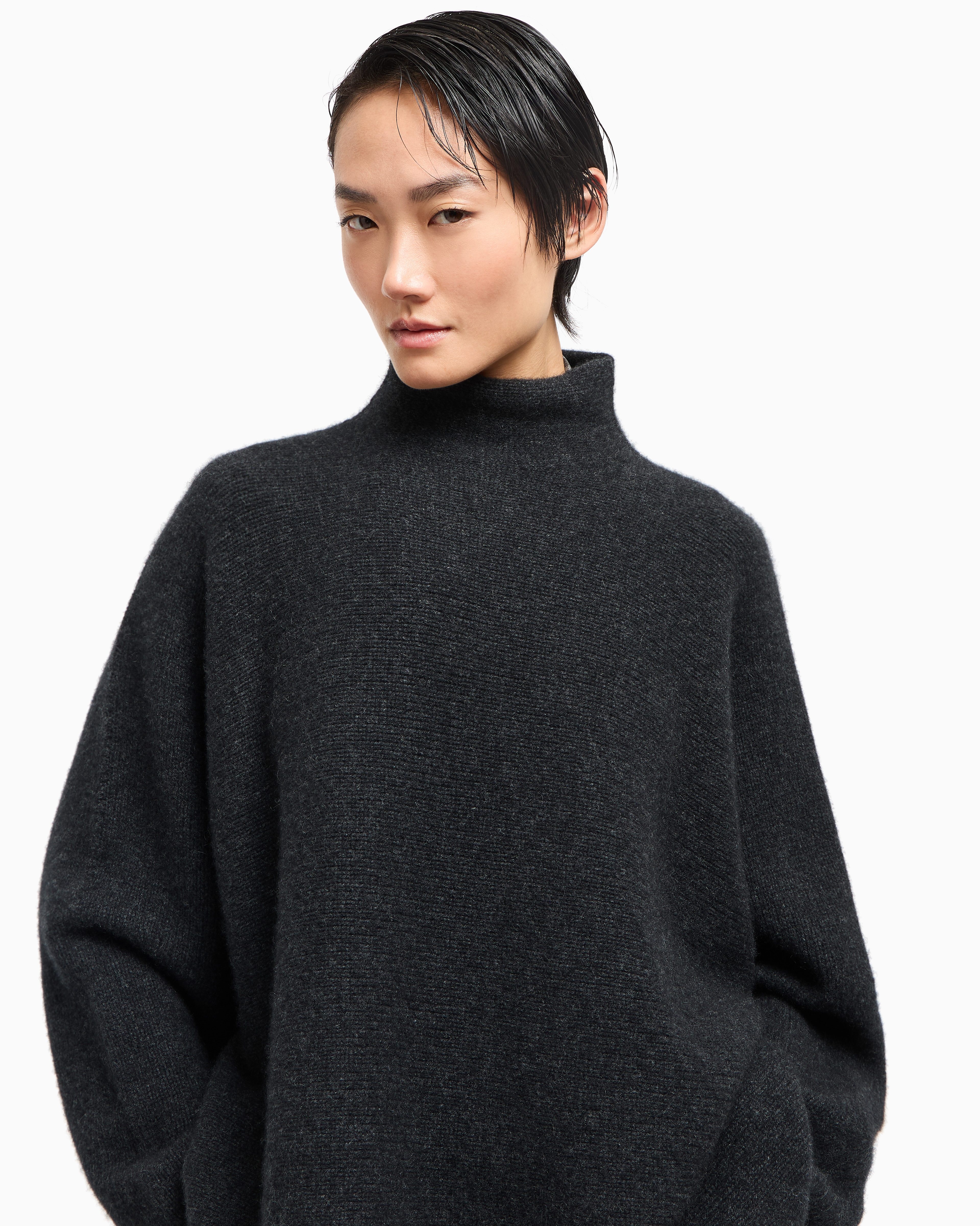 Giorgio Armani High Neck Cashmere Sweater With Dropped Shoulders In Gray