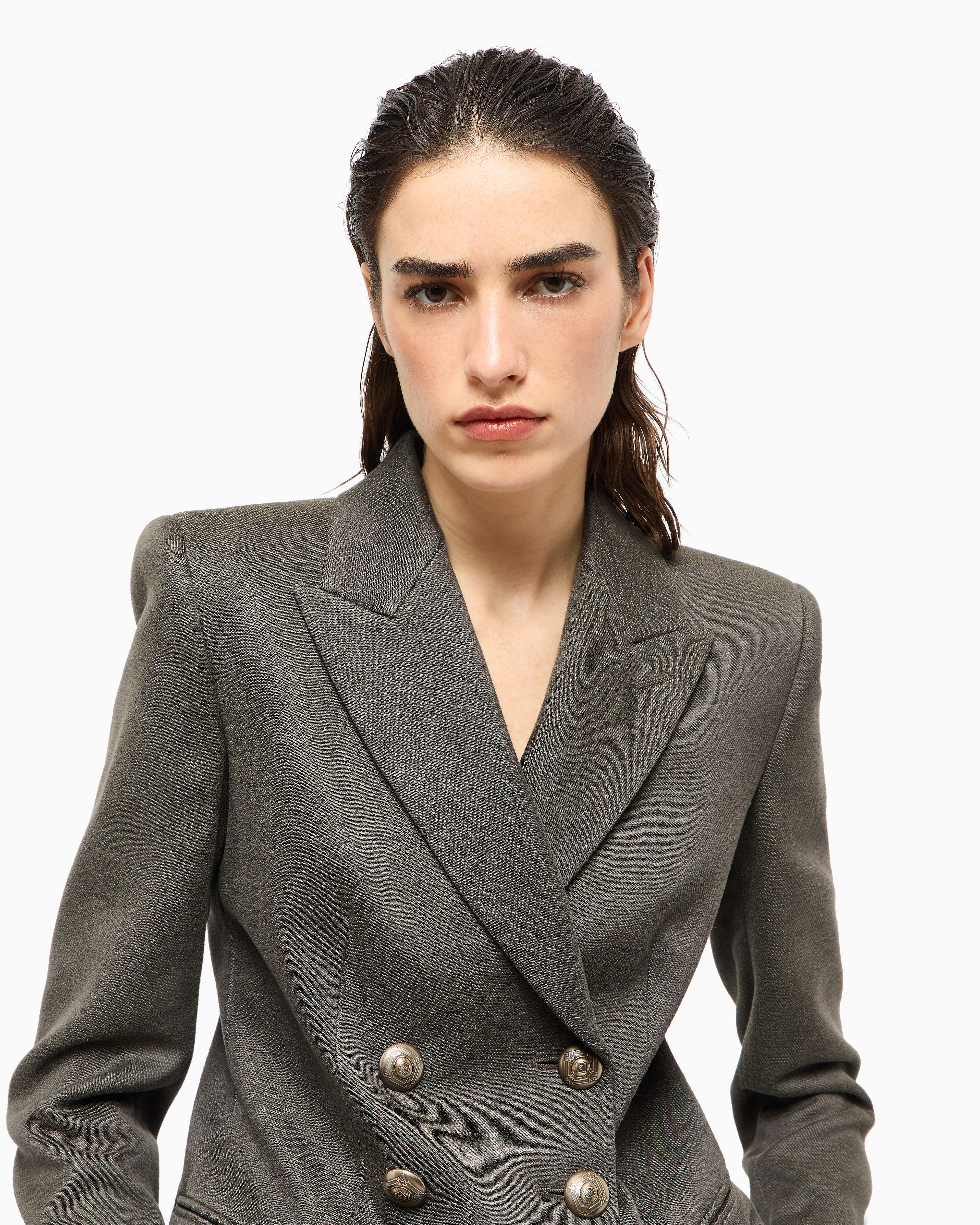 Giorgio Armani Silk Cotton Double-breasted Blazer In Gray