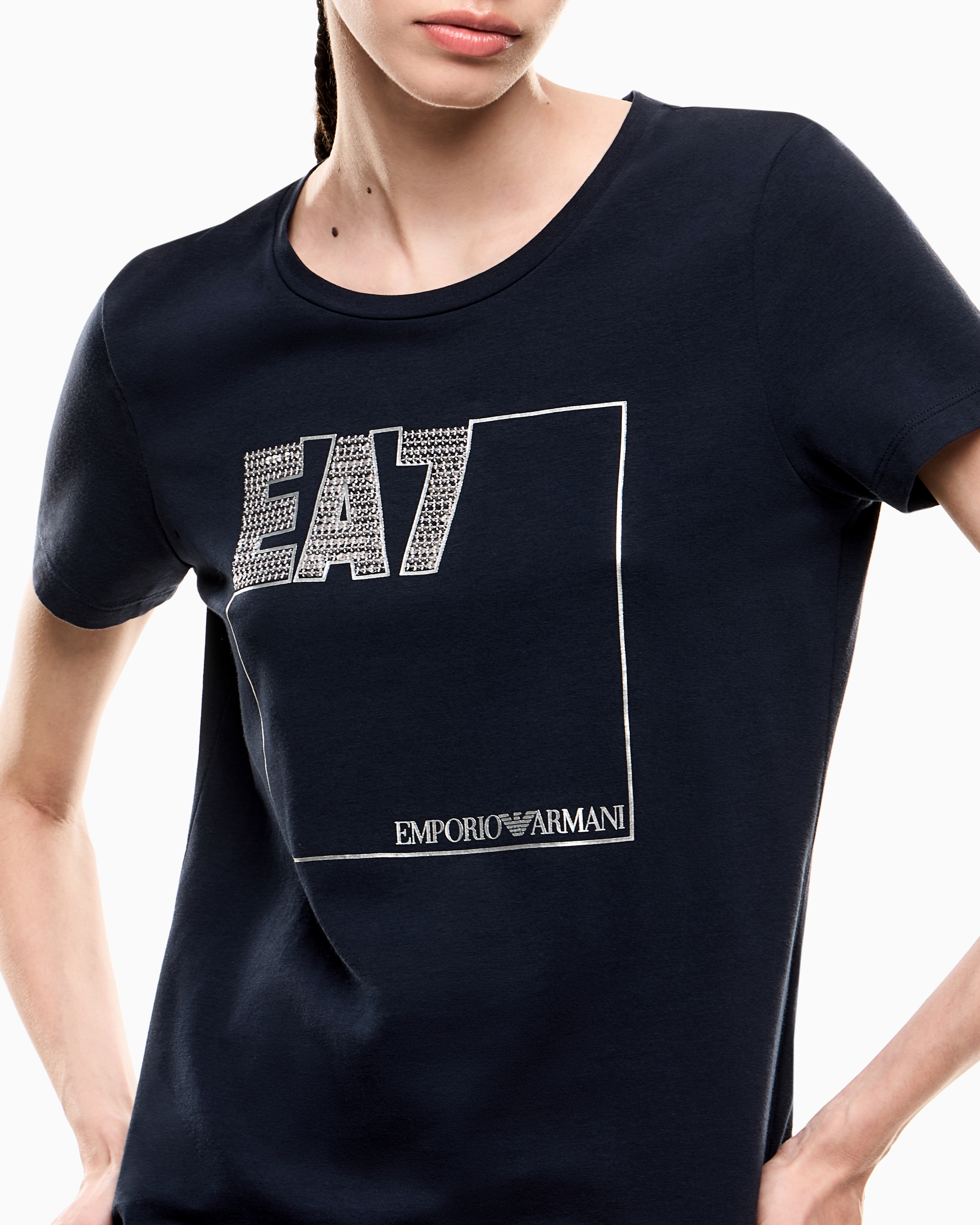 Tシャツ・カットソー EMPORIO ARMANI Woman T-Shirt Blue EW001521AF12571 UB115 ASV Stretch jersey T-shirt with micro-studded logo | Emporio