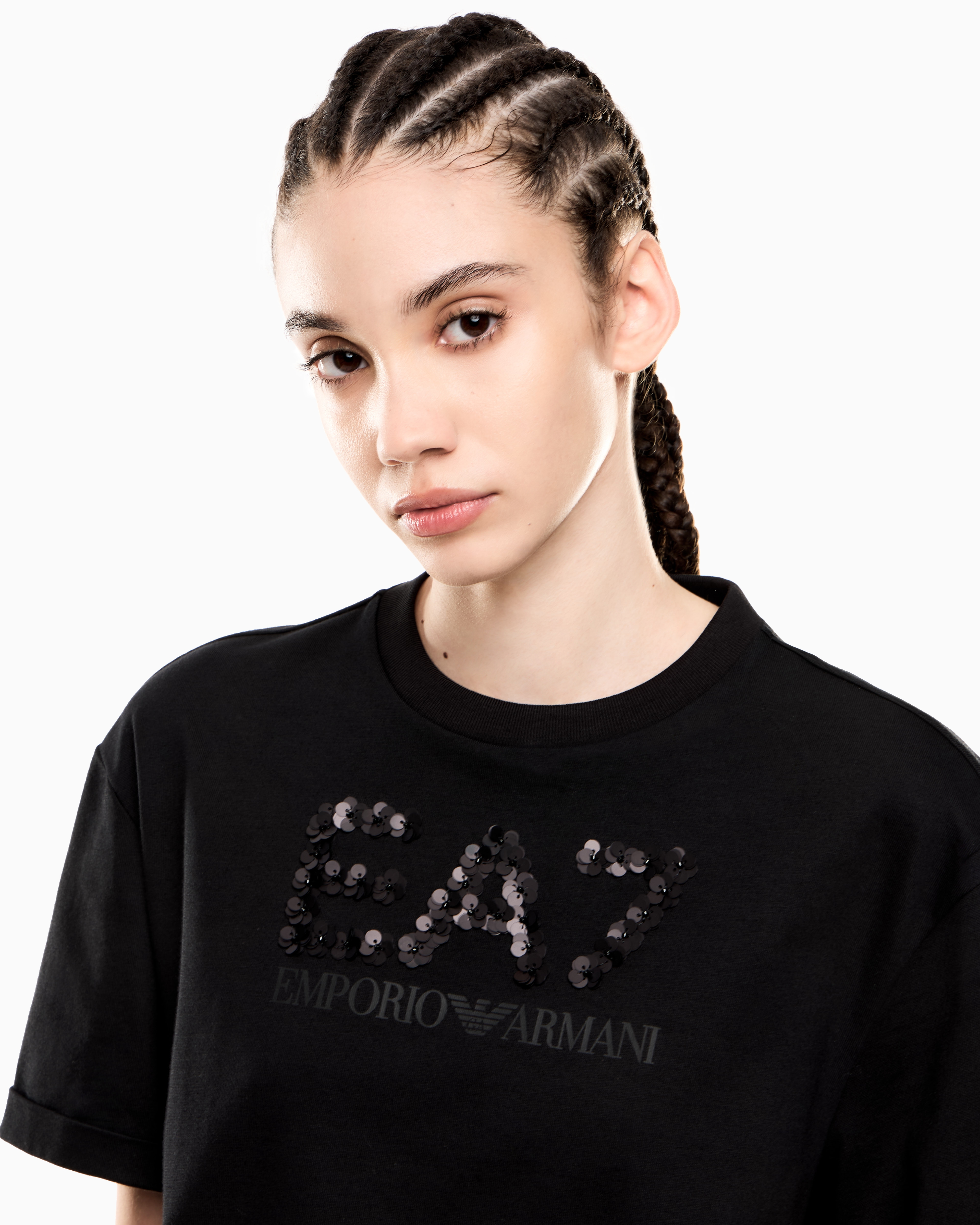 Ea7 T-shirt Logo Series Ras-du-cou En Jersey De Coton Avec Paillettes