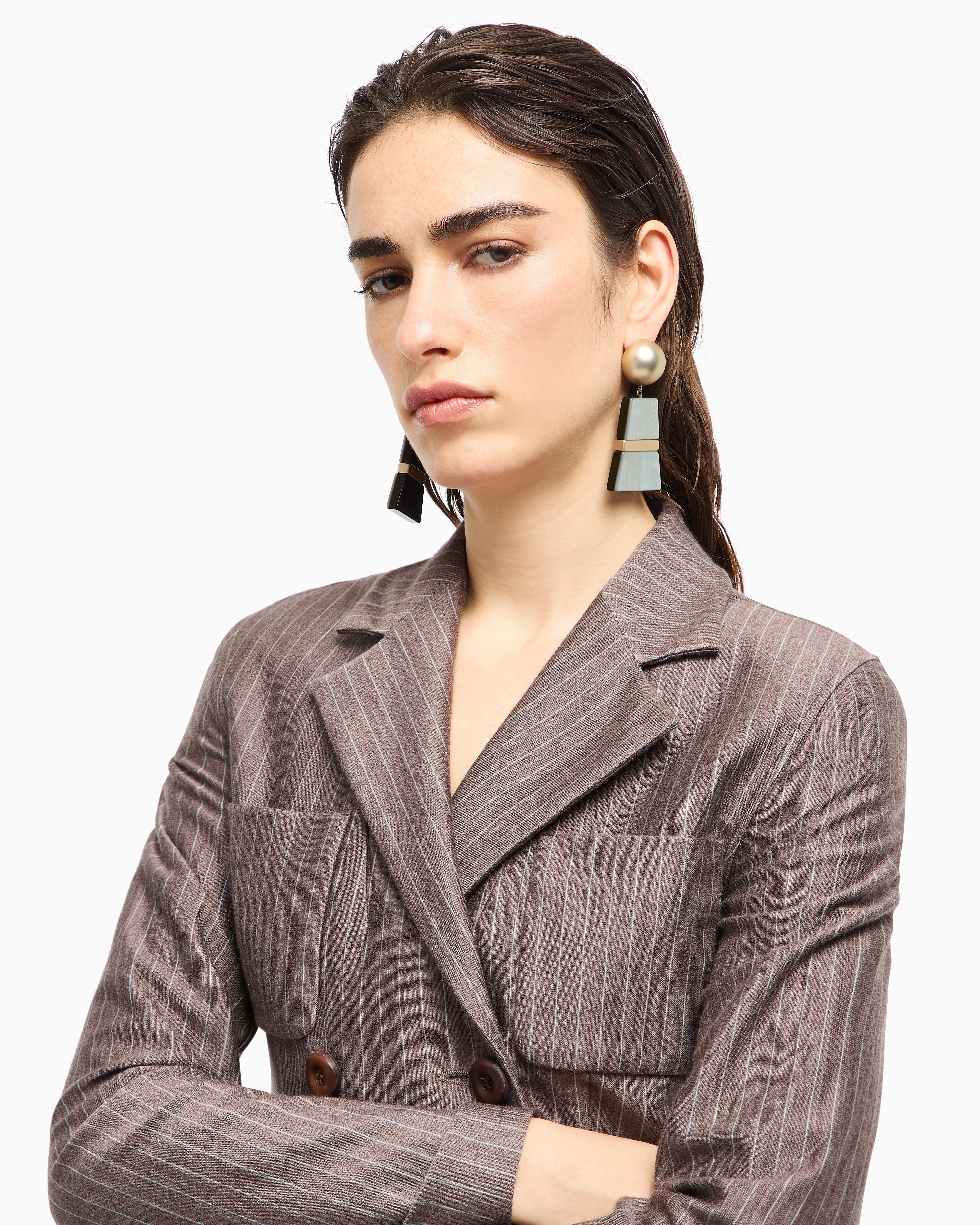 Giorgio Armani Pinstriped Cashmere Jersey And Silk Double-breasted Jacket In Brown