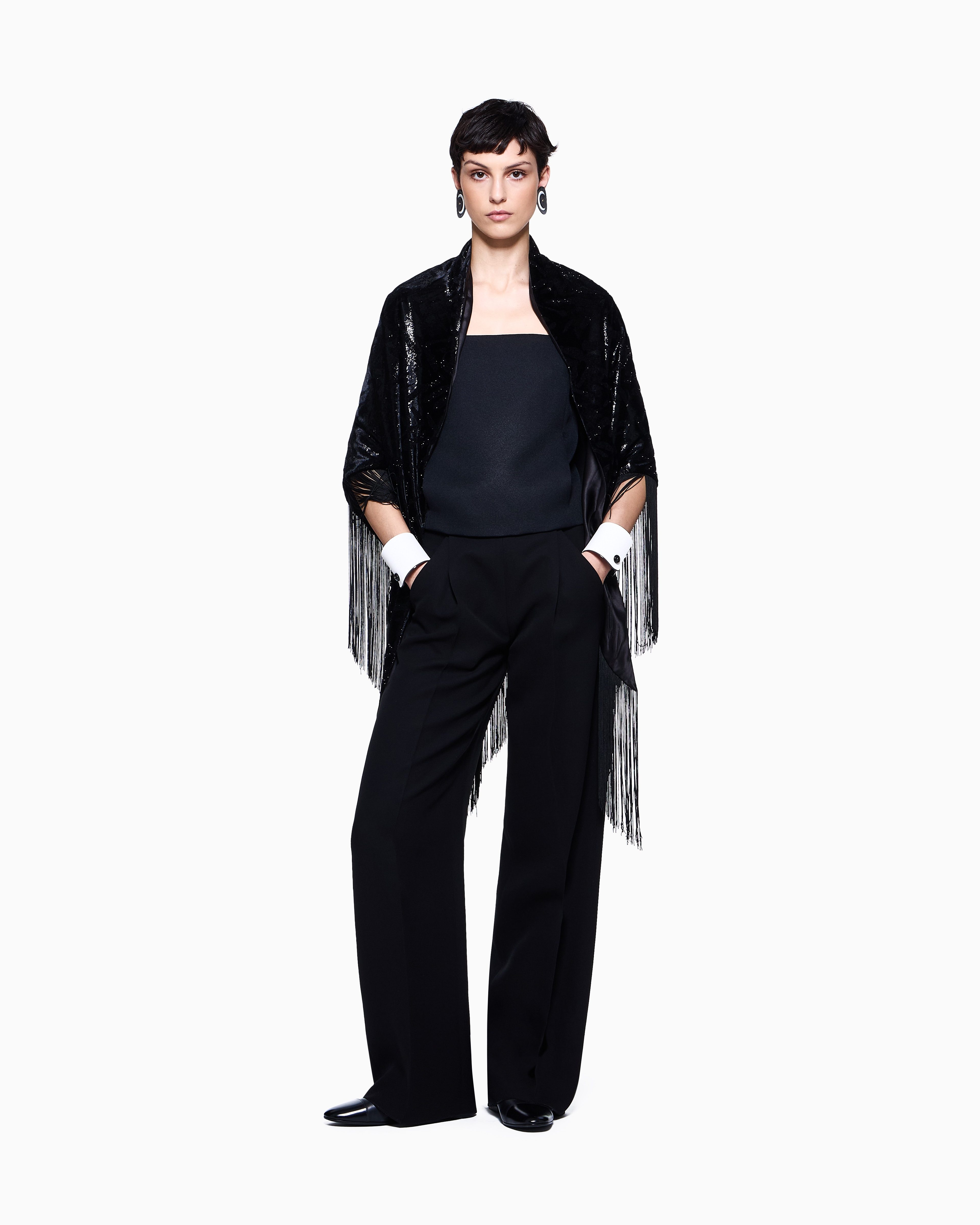 Giorgio Armani Laser-cut Velvet Shawl With Fringes In Black