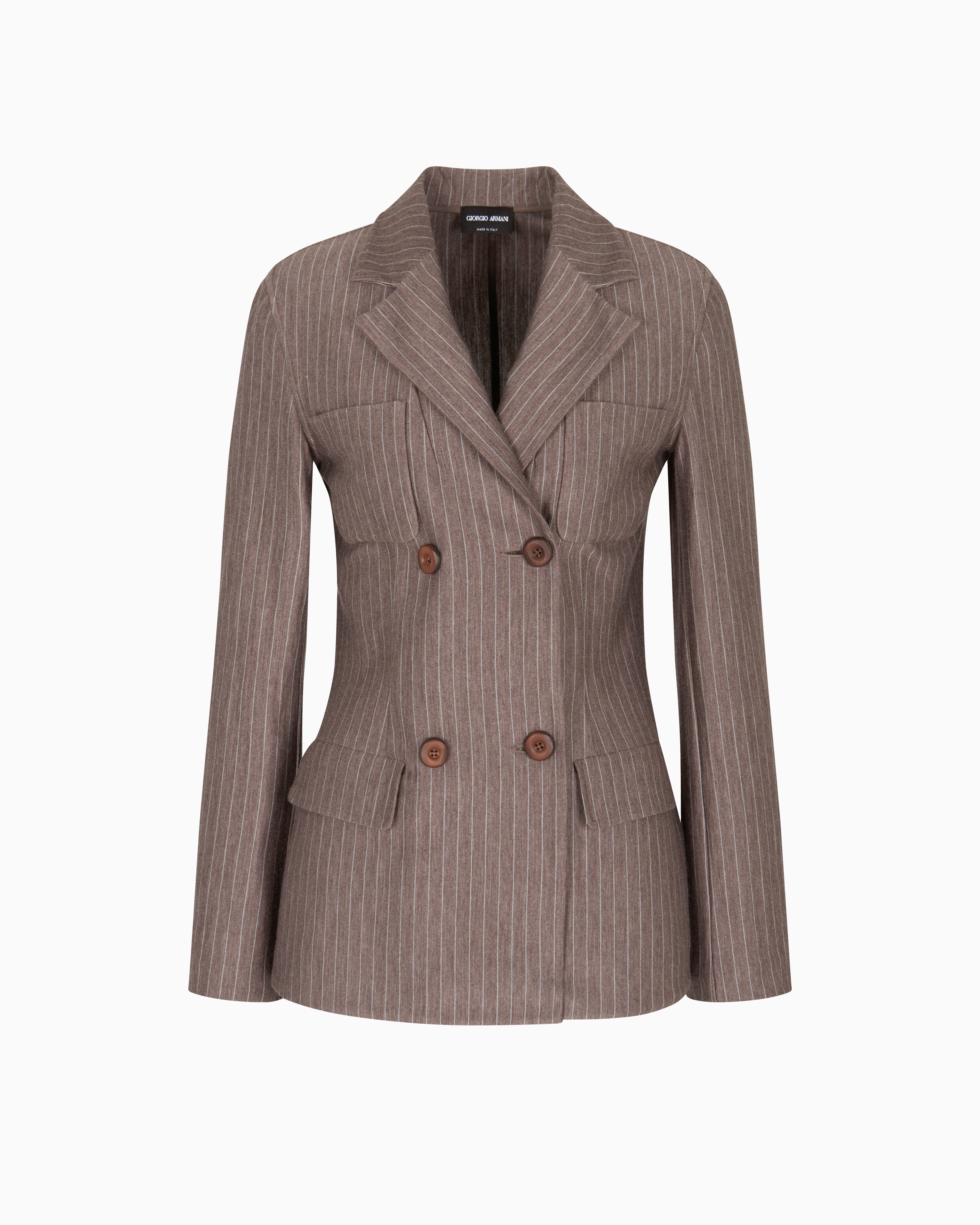 Giorgio Armani Pinstriped Cashmere Jersey And Silk Double-breasted Jacket In Brown