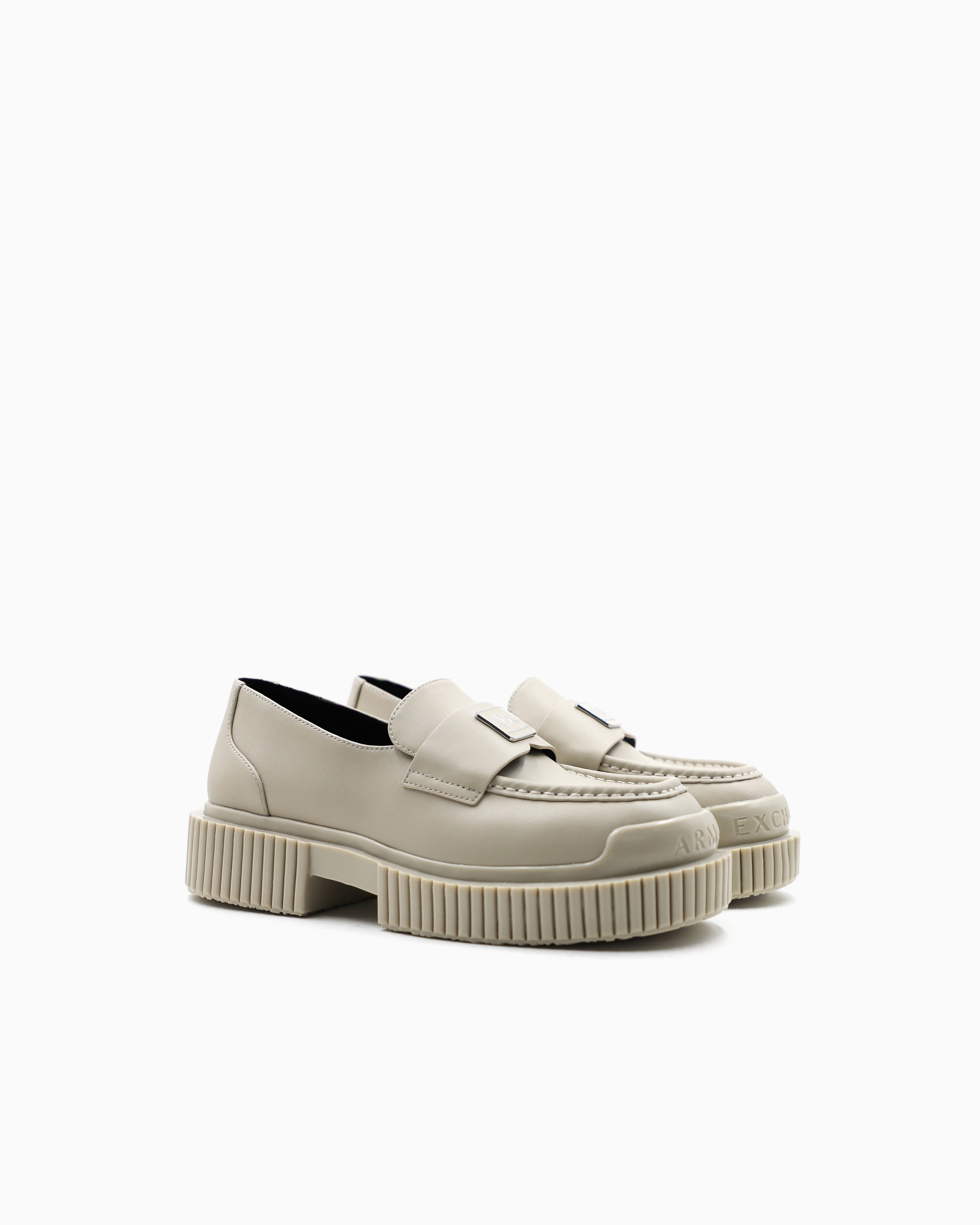 Armani Exchange - Leather loafers with logo, Woman, Beige, Size: