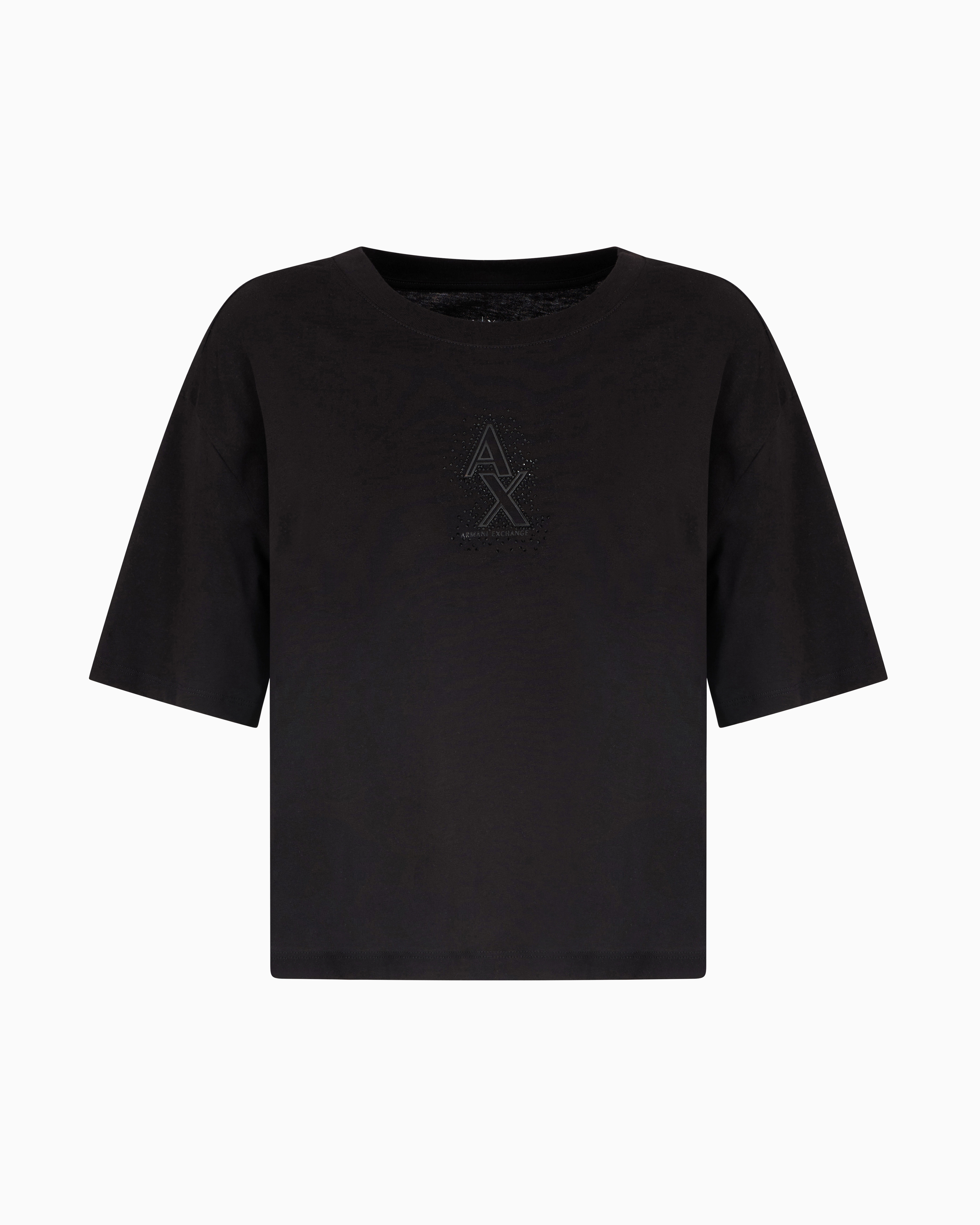 Armani Exchange Black Cropped T-Shirt With Rhinestone Logo Extra Small