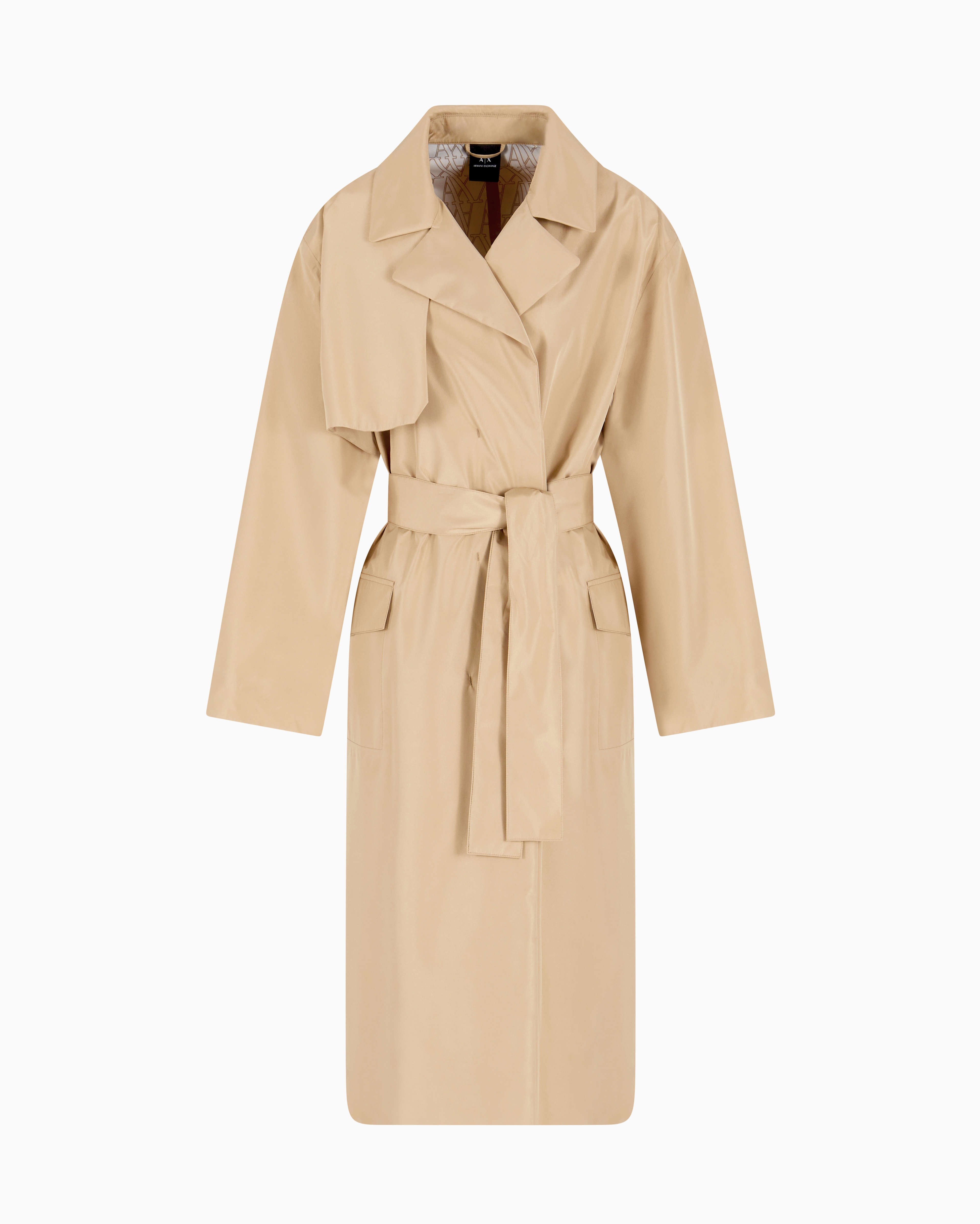 Armani Exchange - Trench coat with belt shiny fabric, Woman, Camel, Size: