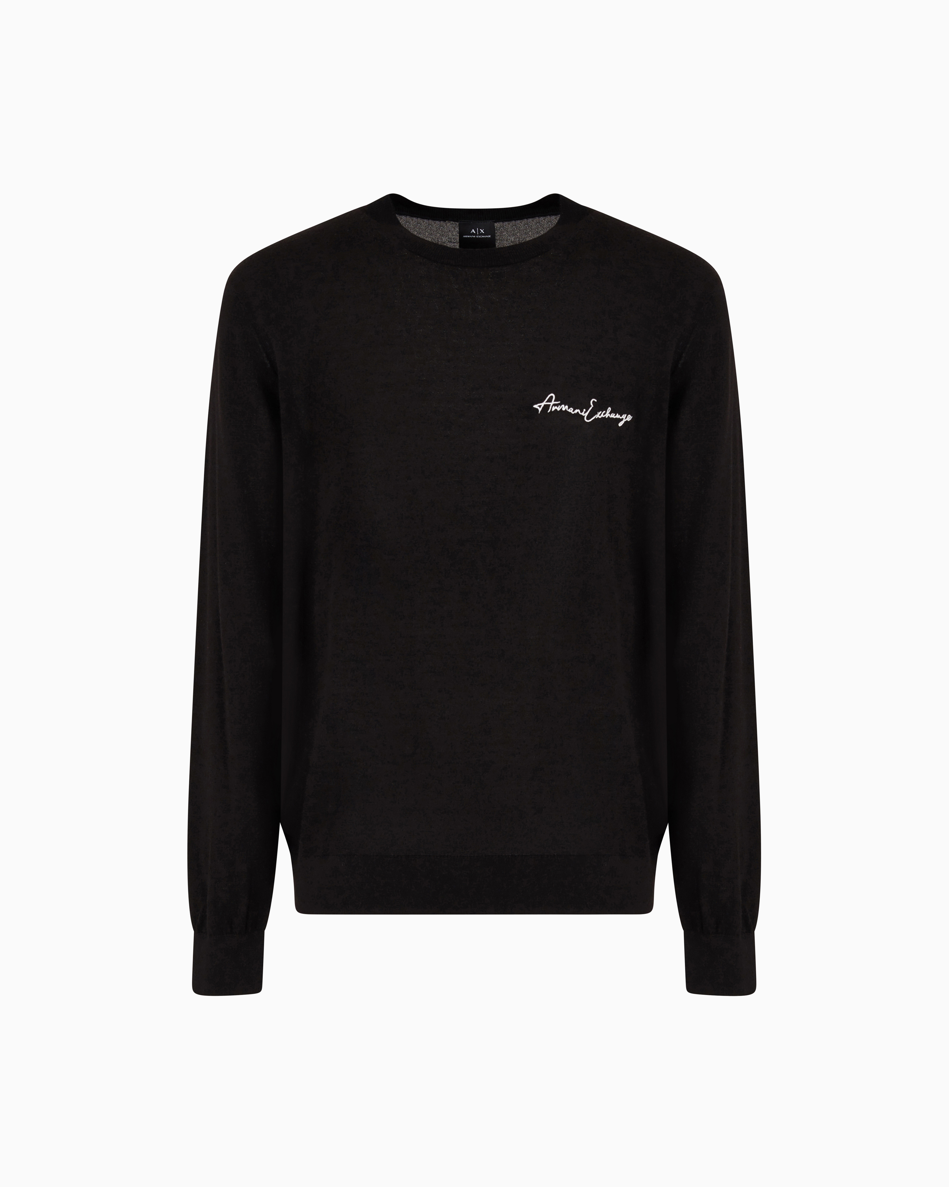 Armani Exchange Black Wool Blend Crew Neck Sweater With Chest Logo Large