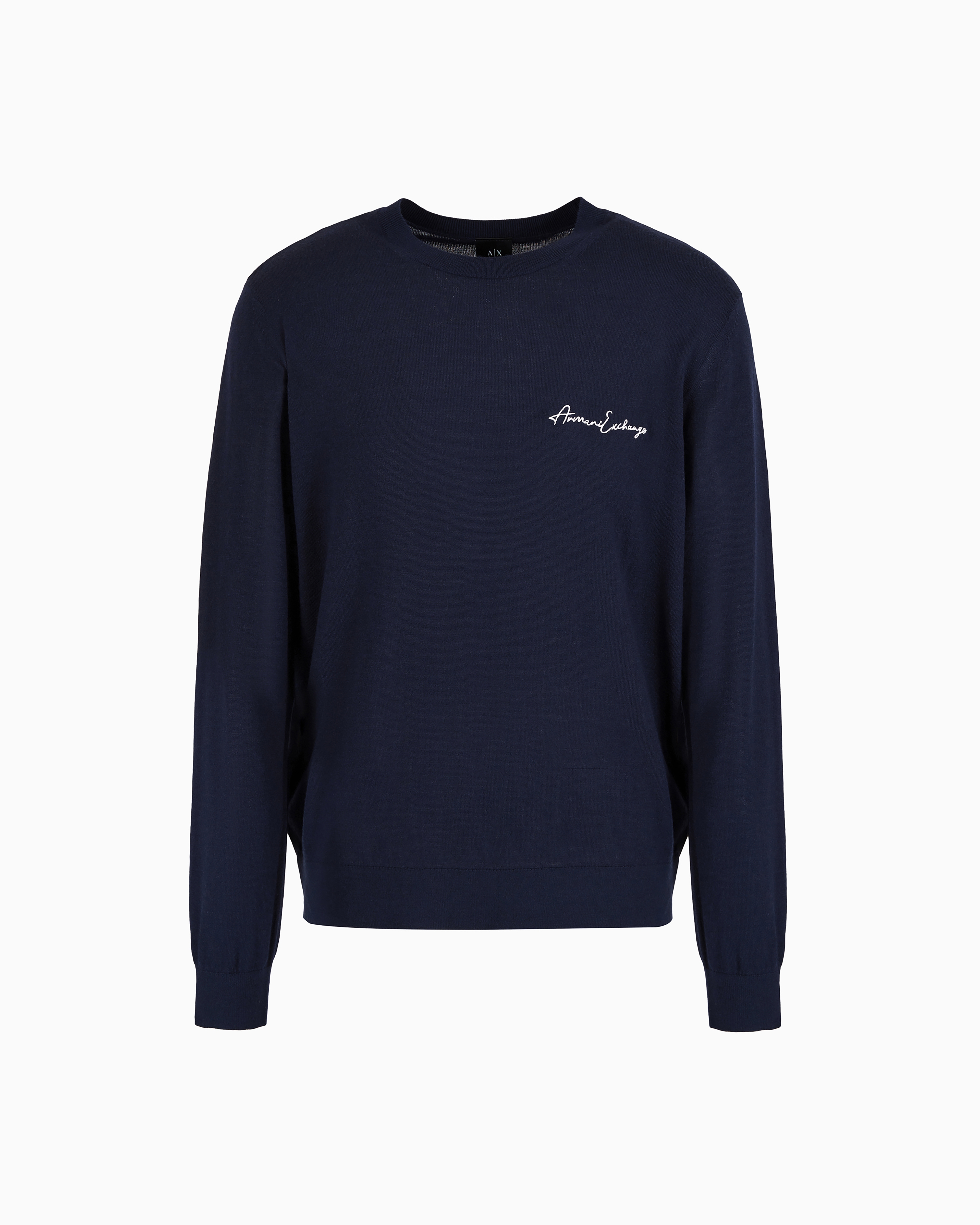 Armani Exchange Navy Blue Wool Blend Crew Neck Sweater With Chest Logo Small