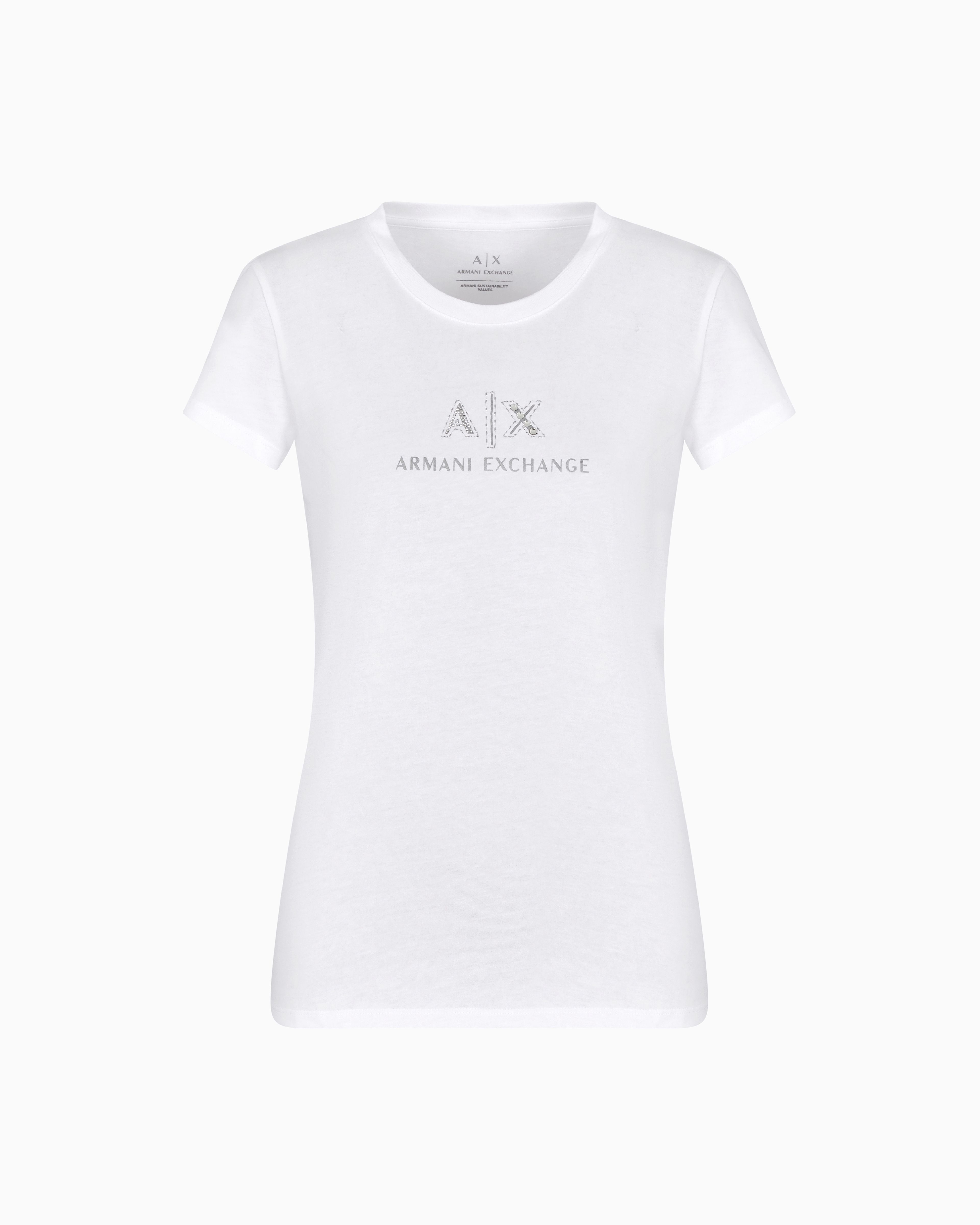 Armani Exchange - Slim fit T-shirt with logo and rhinestones, Woman, White, Size:
