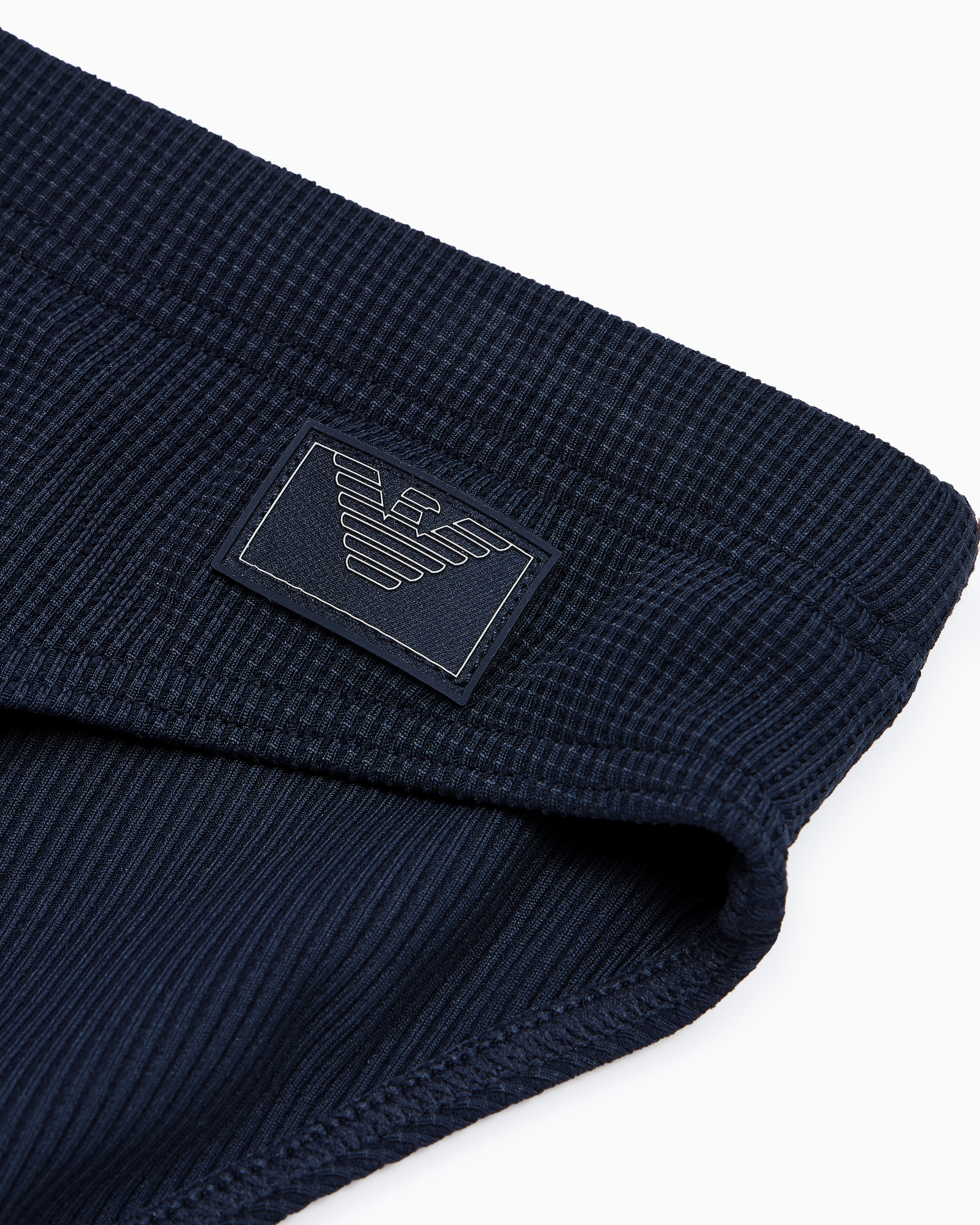 Emporio Armani Satin Label Piqué Low-rise Swim Briefs In Navy Blue