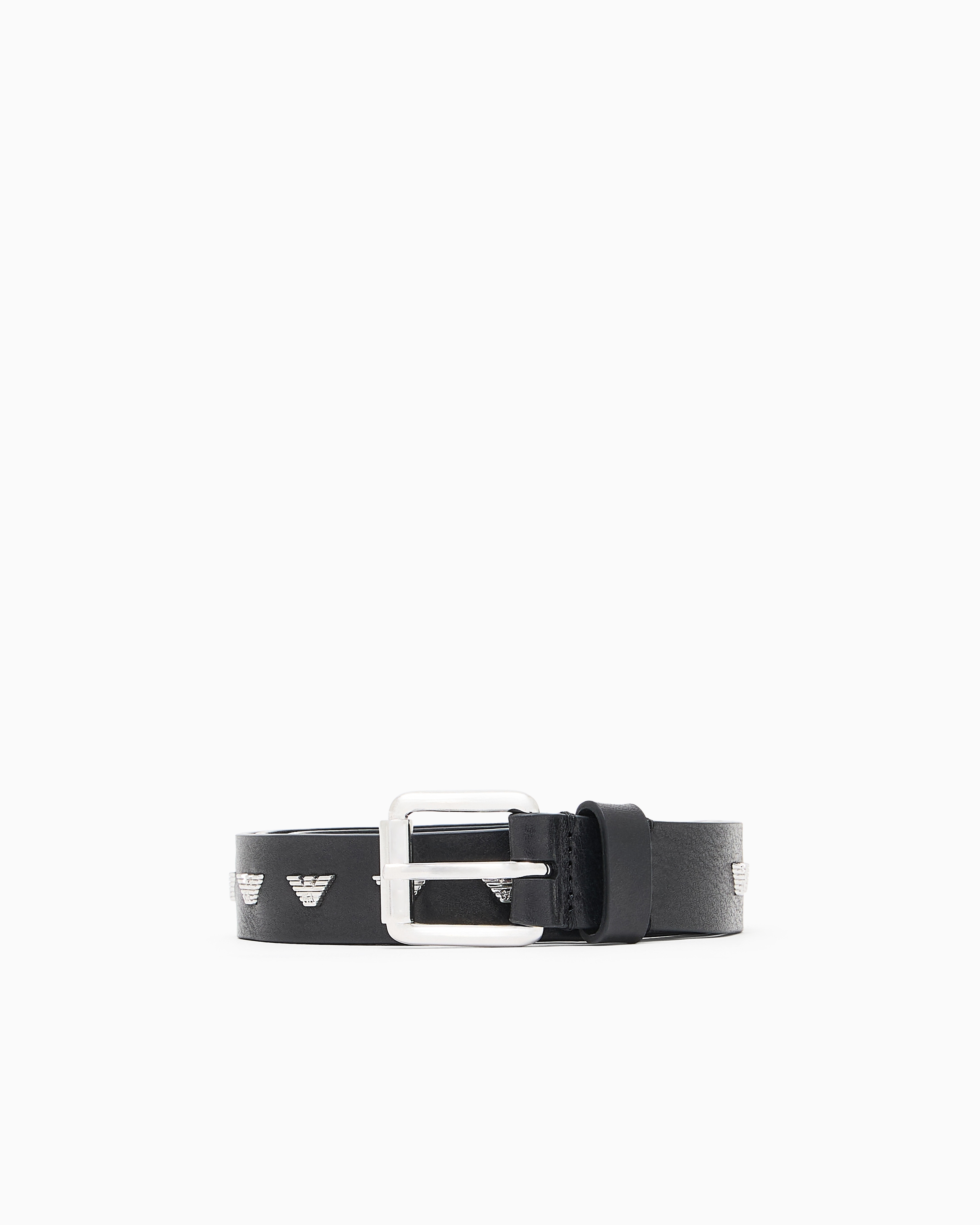 Emporio Armani - Leather belt with metal micro eagles, Man, Black, Size: