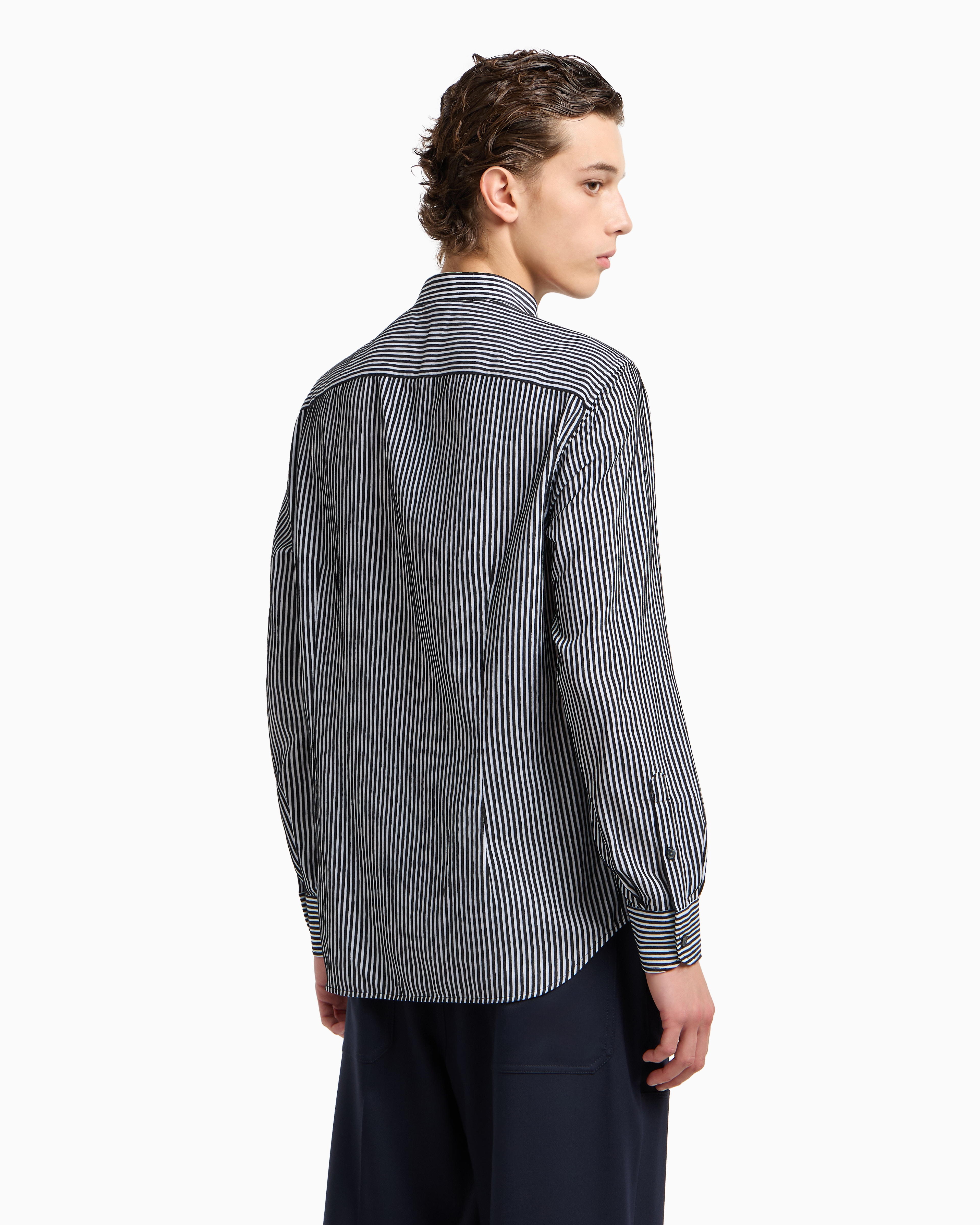 Emporio Armani Chenille Shirt With A Guru Collar With A Striped Motif In Black