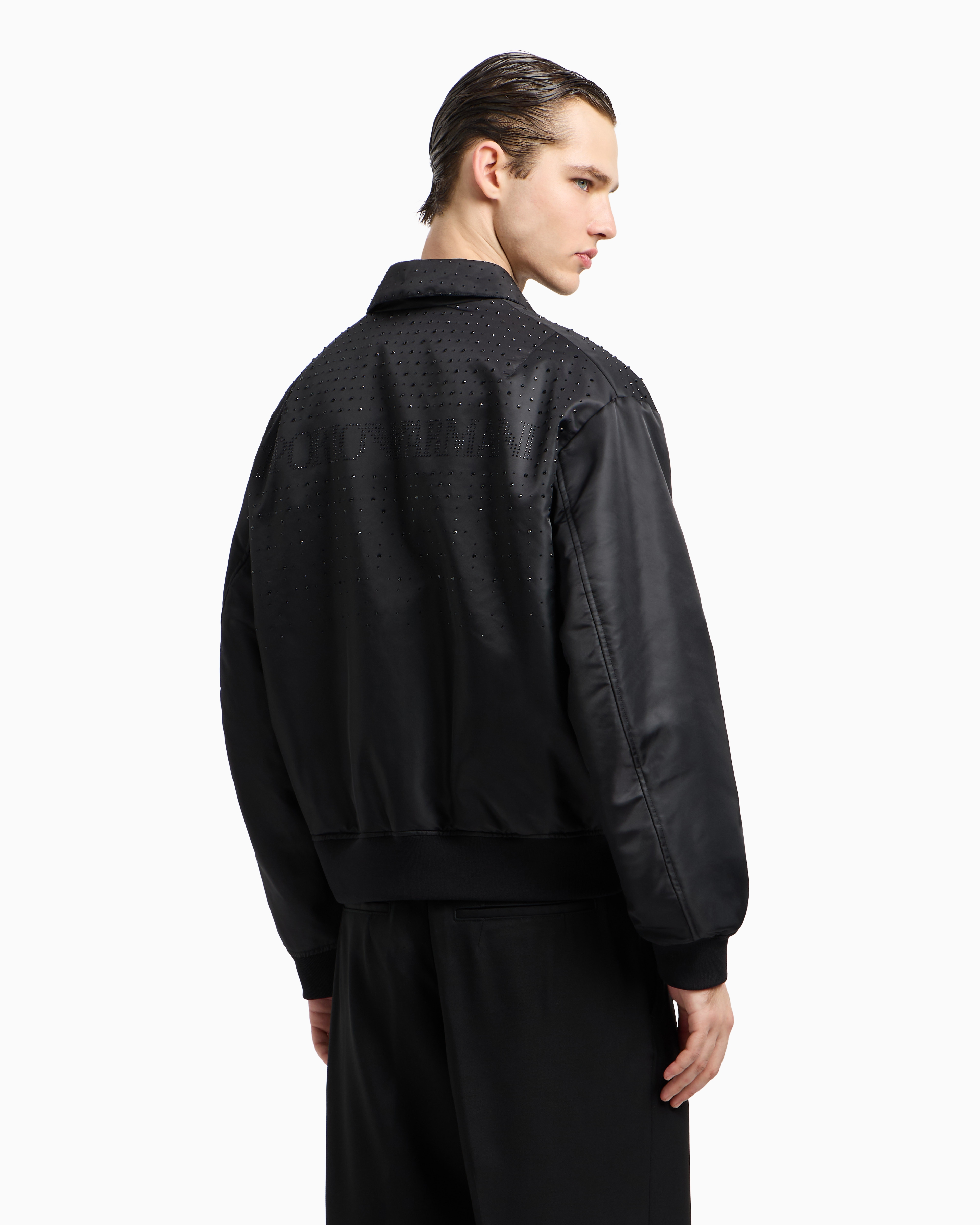 Emporio Armani Clubwear Satin Bomber Jacket With Rhinestones In Black