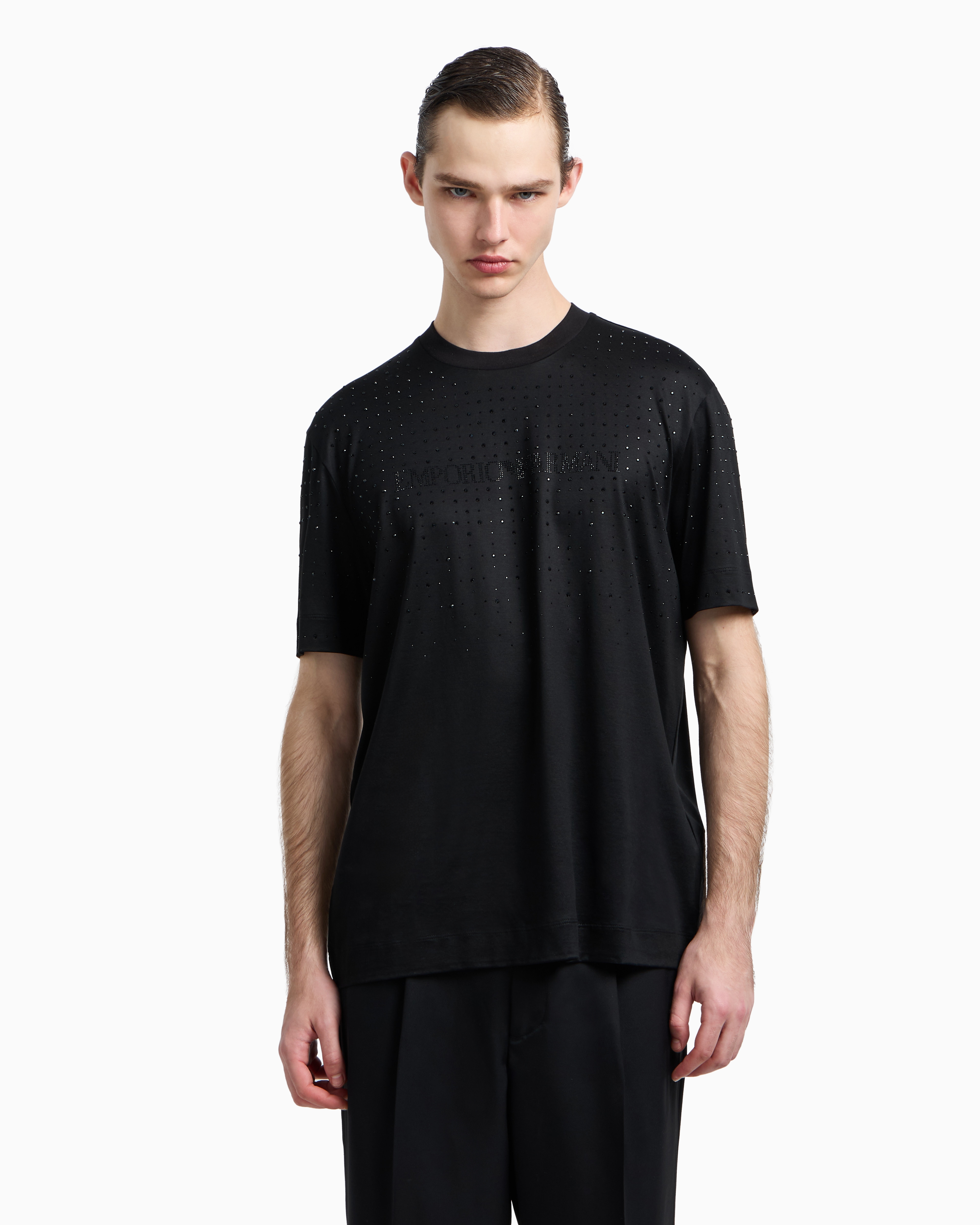 Emporio Armani Clubwear T-shirt In A Lyocell Blend Jersey With Rhinestones In Black