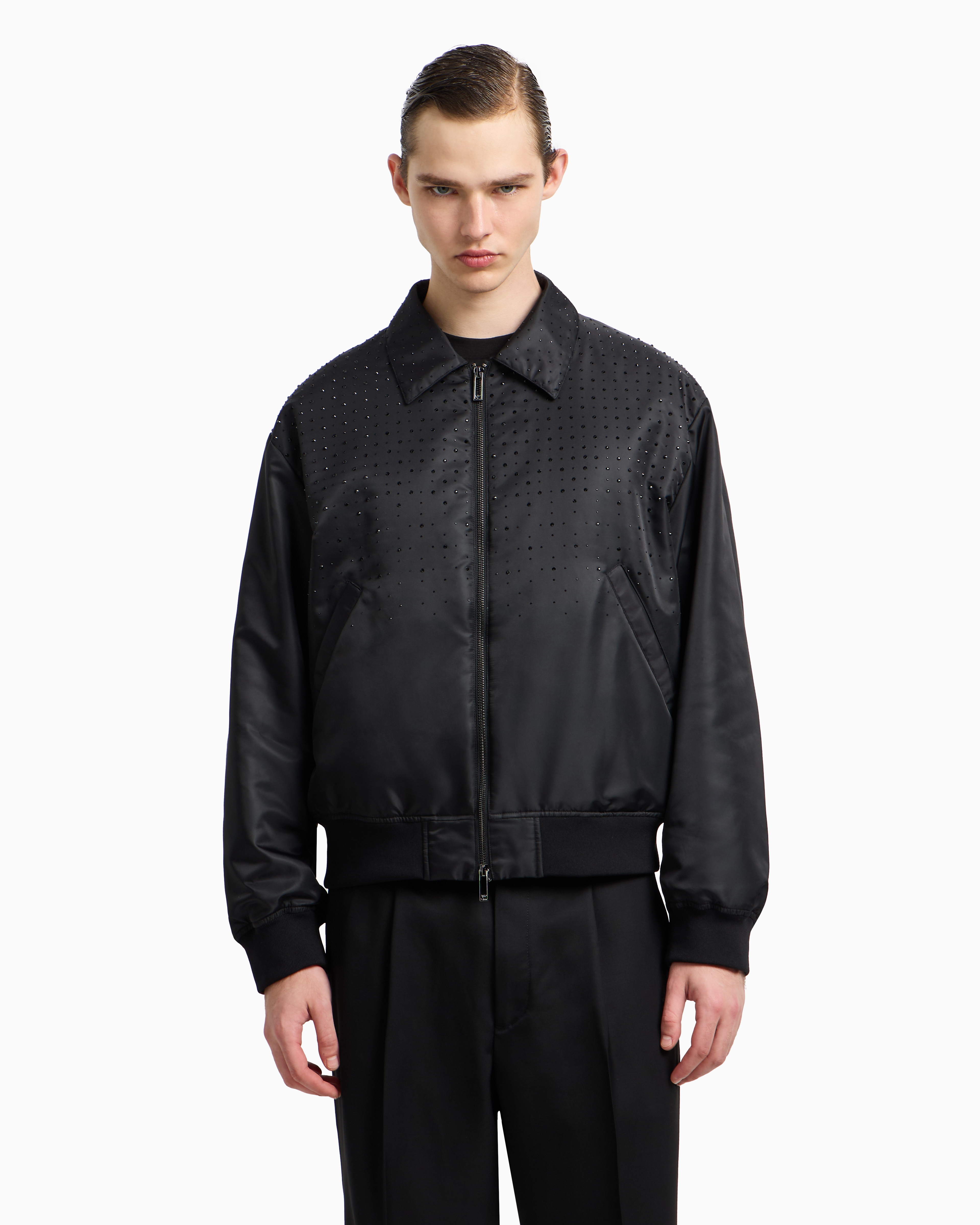 Emporio Armani Clubwear Satin Bomber Jacket With Rhinestones In Black