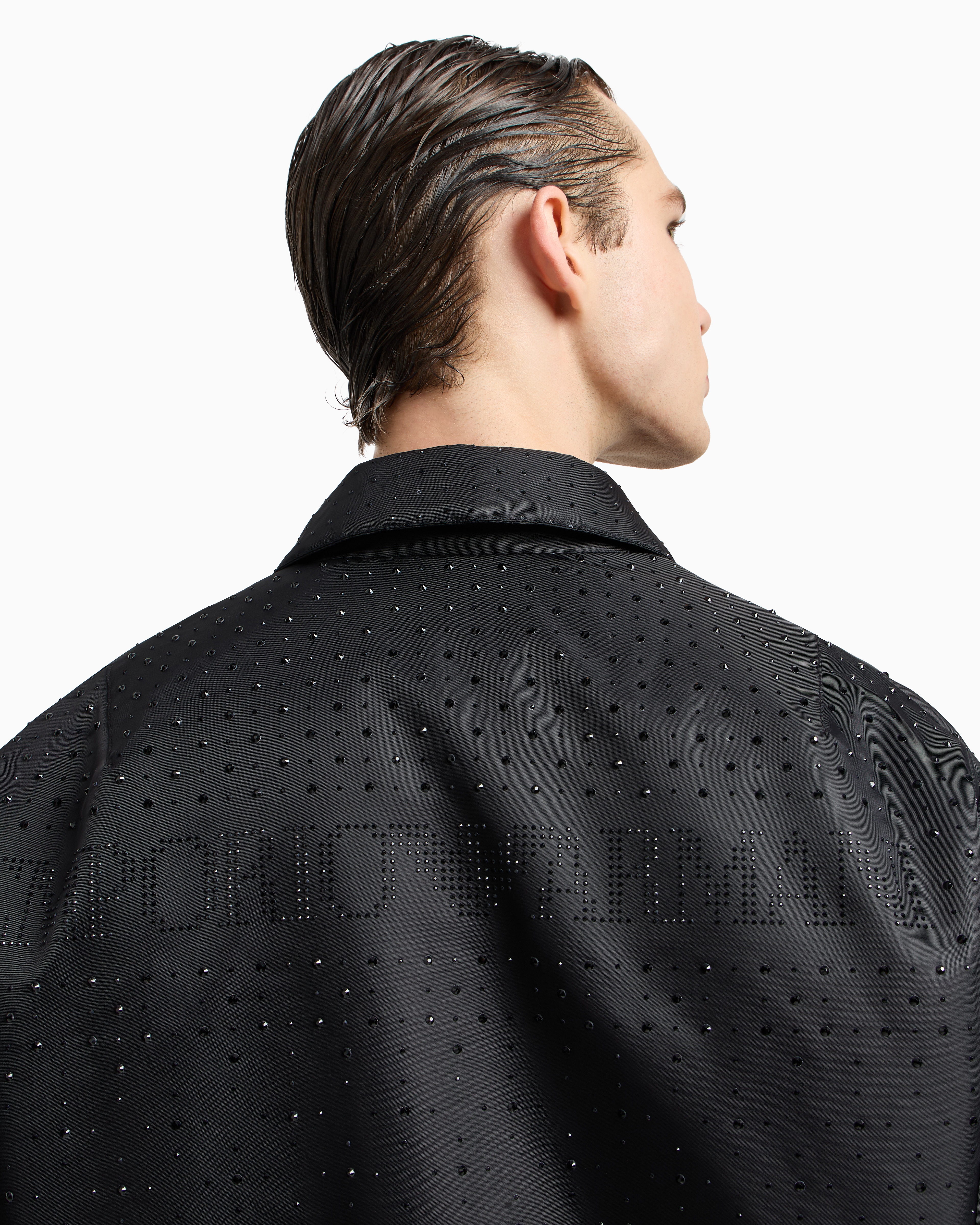 Emporio Armani Clubwear Satin Bomber Jacket With Rhinestones In Black
