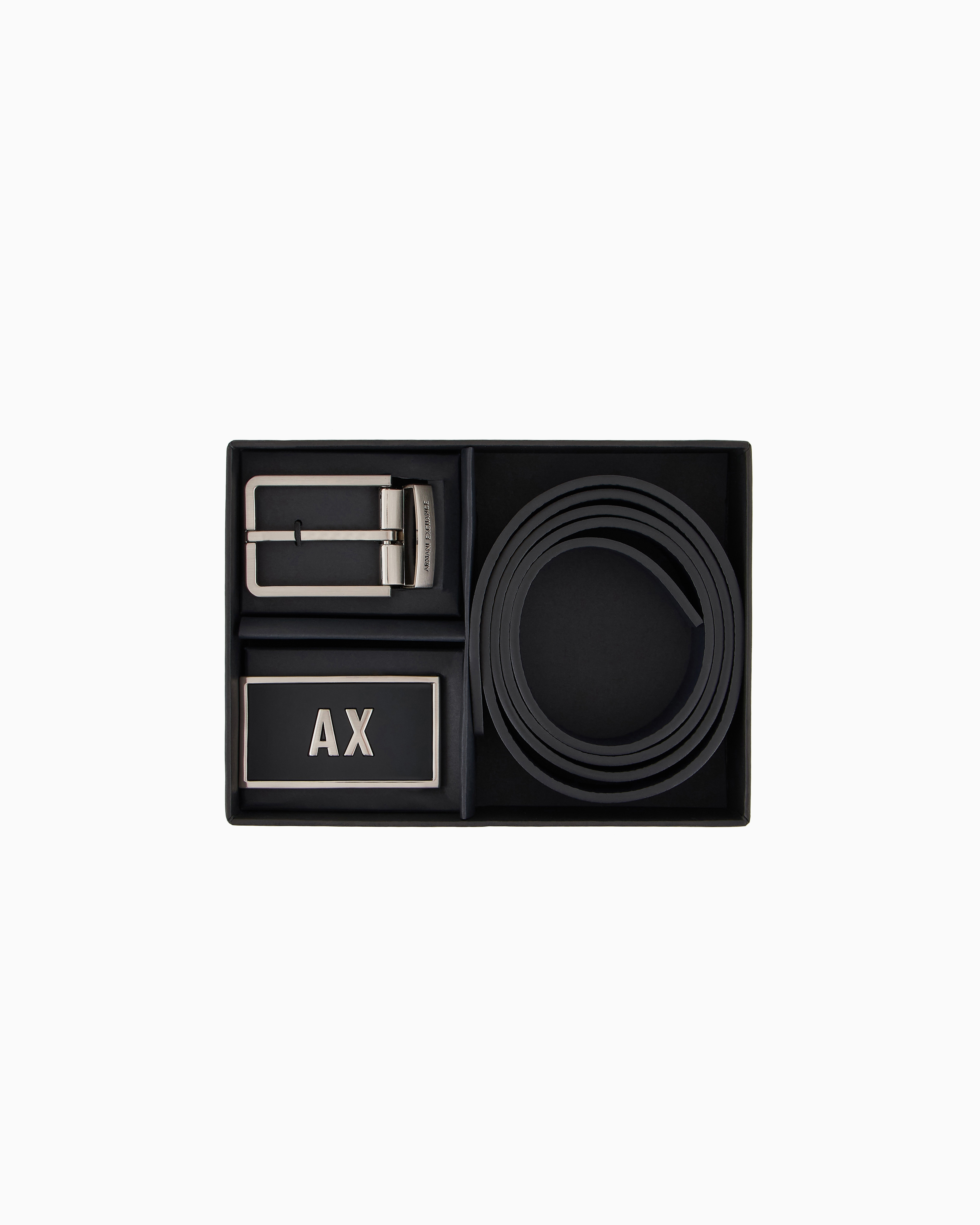 Armani Exchange - Leather belt set with two prongs, Man, Black, Size: TU