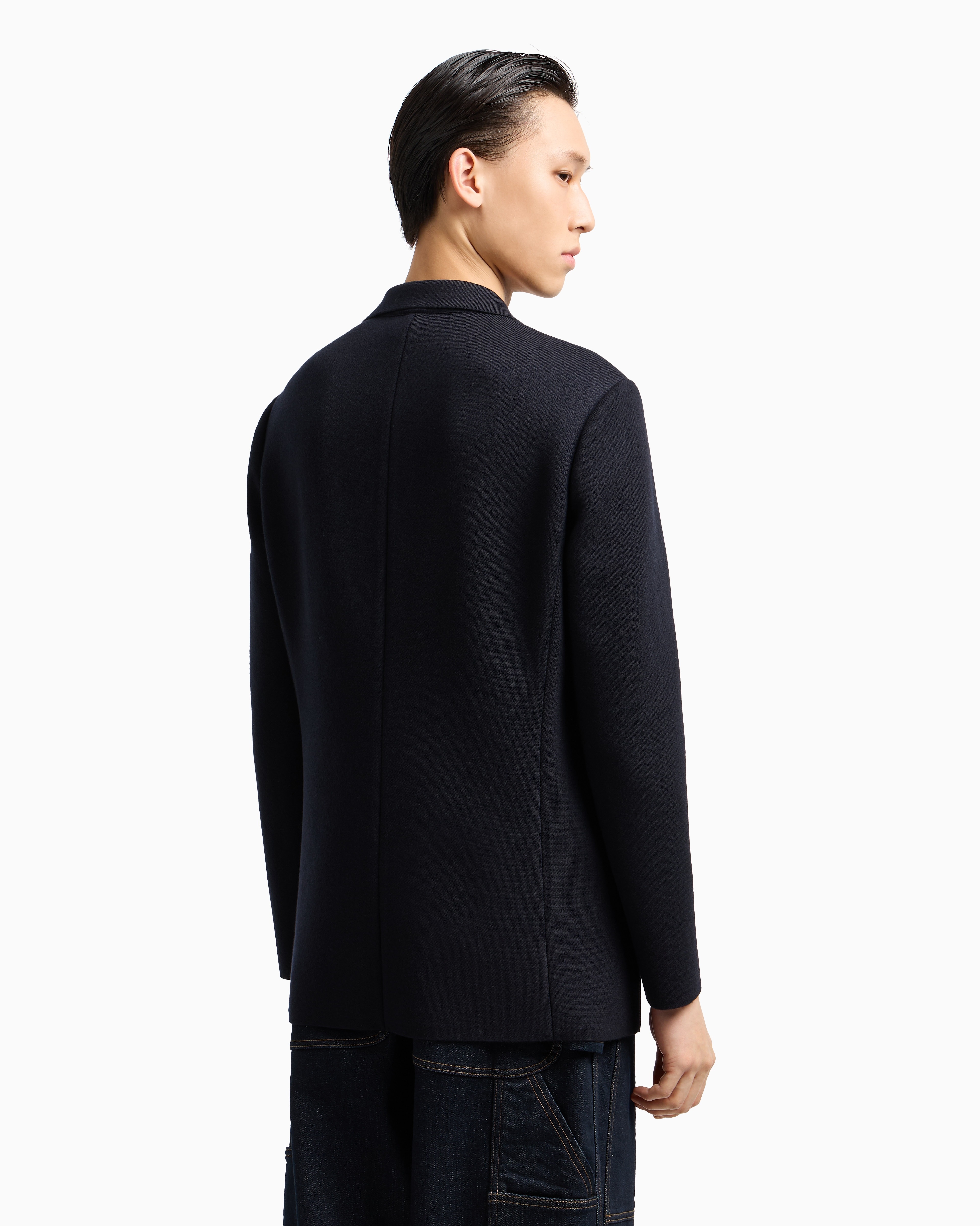 Emporio Armani - Double-breasted blazer a plain-knit wool blend, Man, Navy Blue, Size: