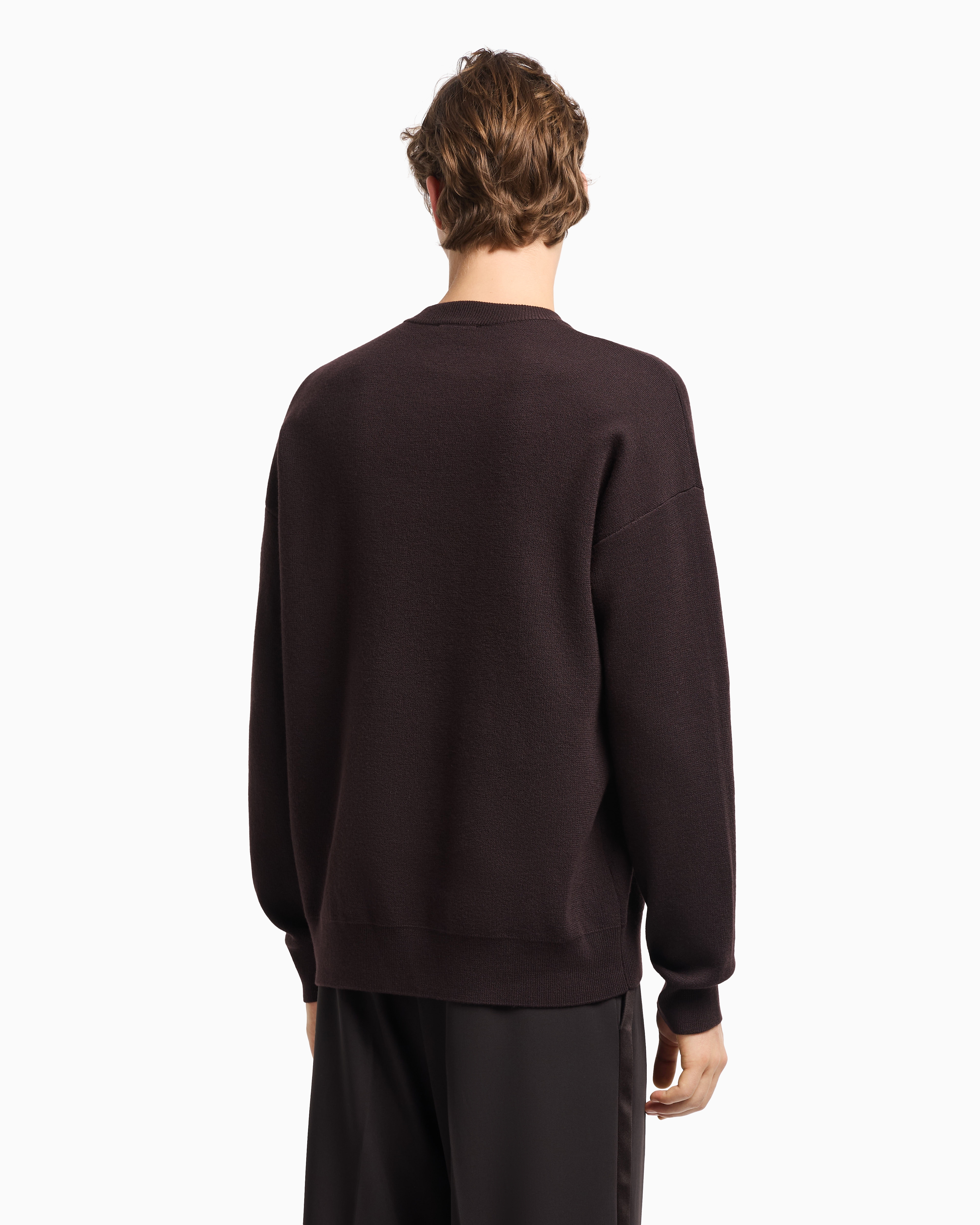 Emporio Armani - Virgin-wool plain-knit jumper with foliage embroidery, Man, Brown, Size: