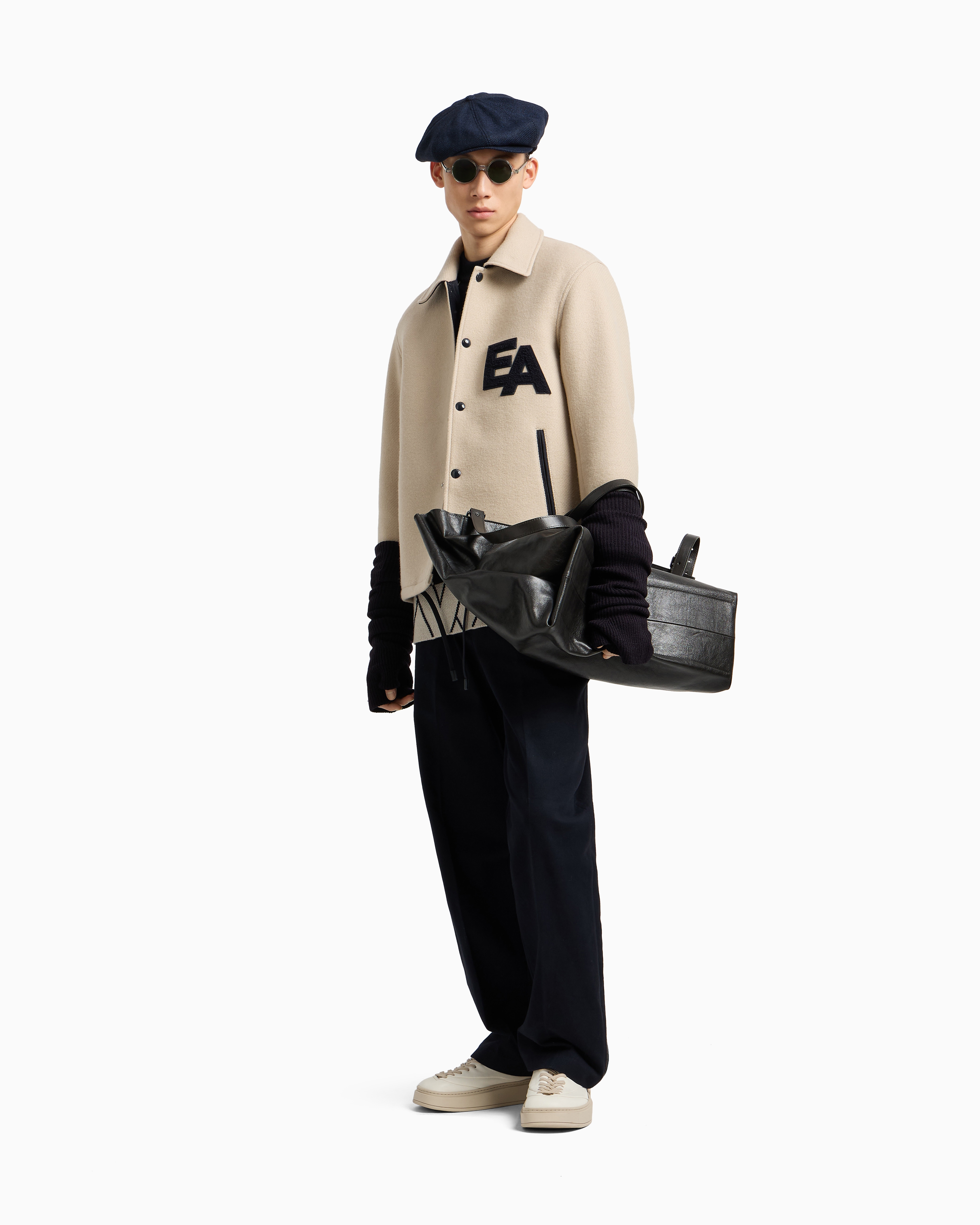 Emporio Armani - Blouson with press studs wool cloth an oversized EA patch, Man, Beige, Size: