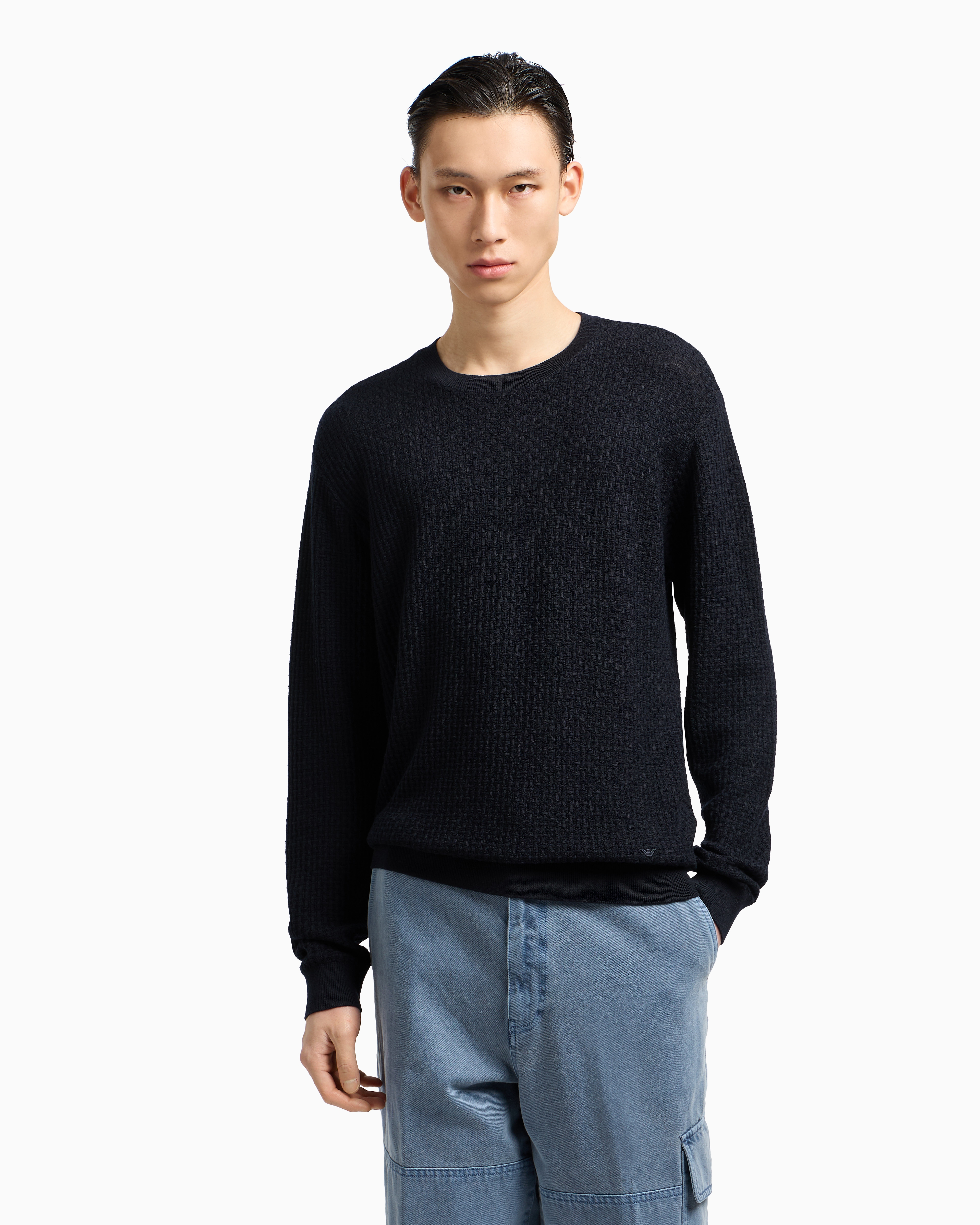 Emporio Armani Virgin Wool Jumper With Embossed Jacquard Pattern In Black