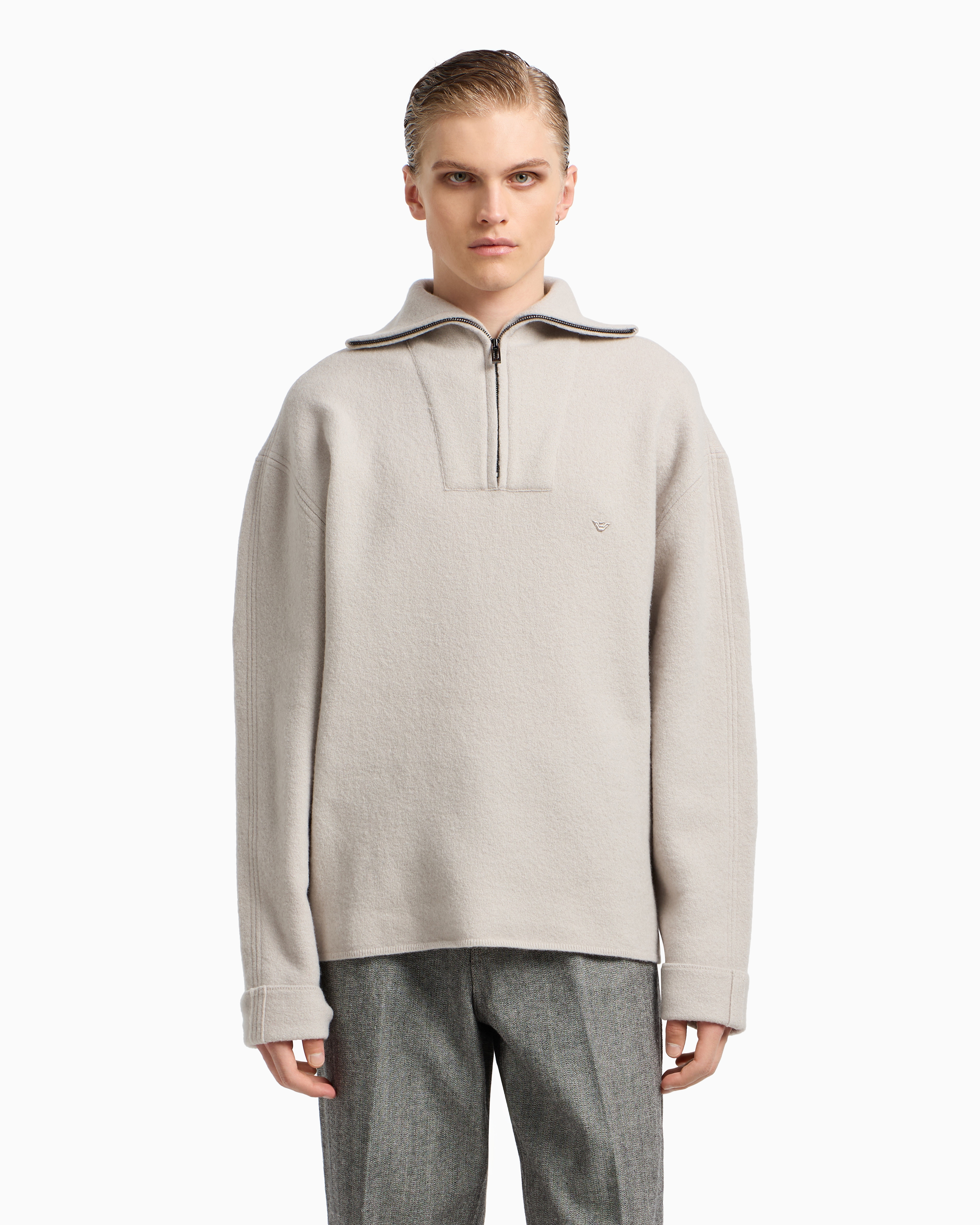 【関税込み】Giorgio Armani ベージュ ジップセーター パーシャルジップセーター バージンウール プラッシュニット
