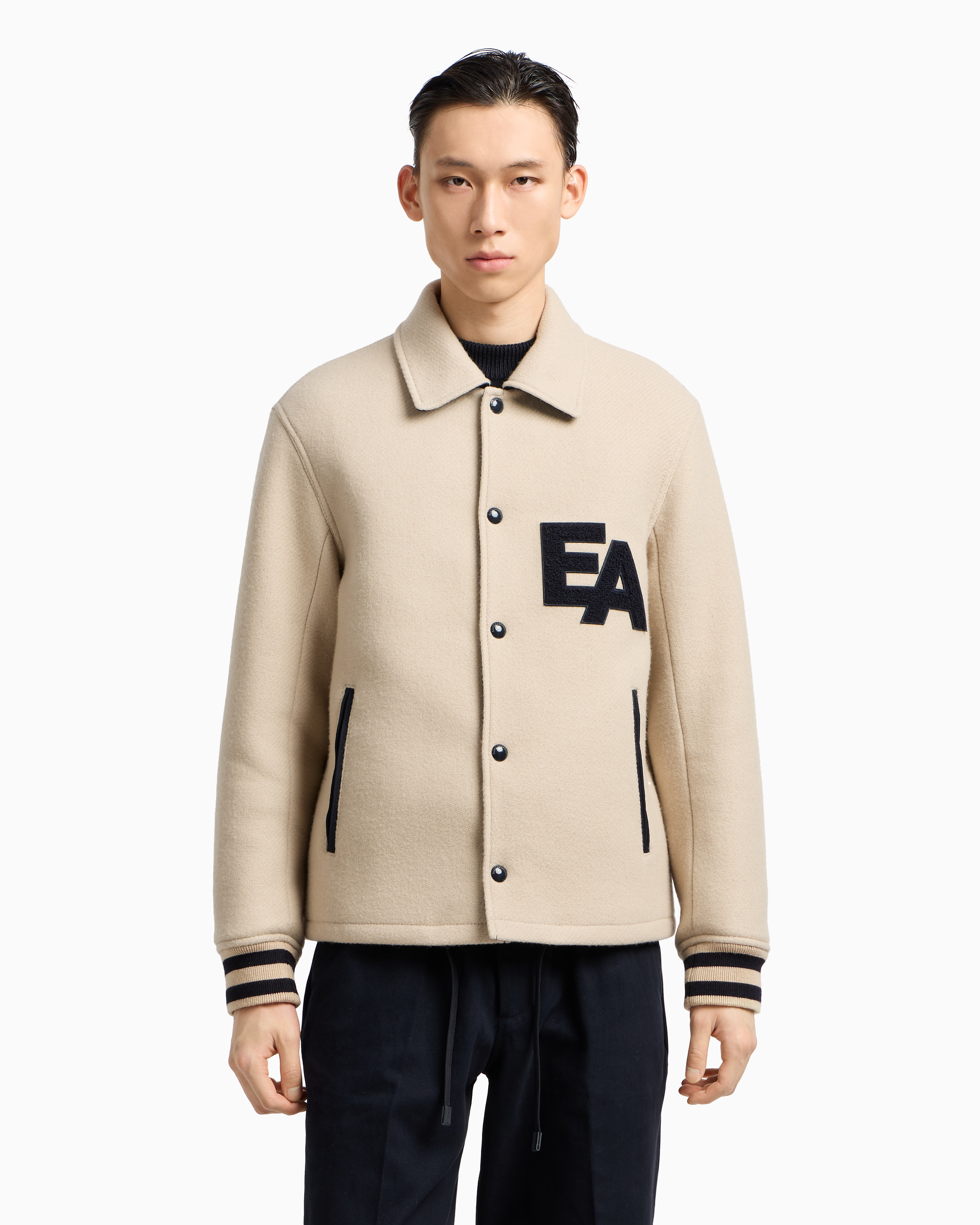 Emporio Armani - Blouson with press studs wool cloth an oversized EA patch, Man, Beige, Size: