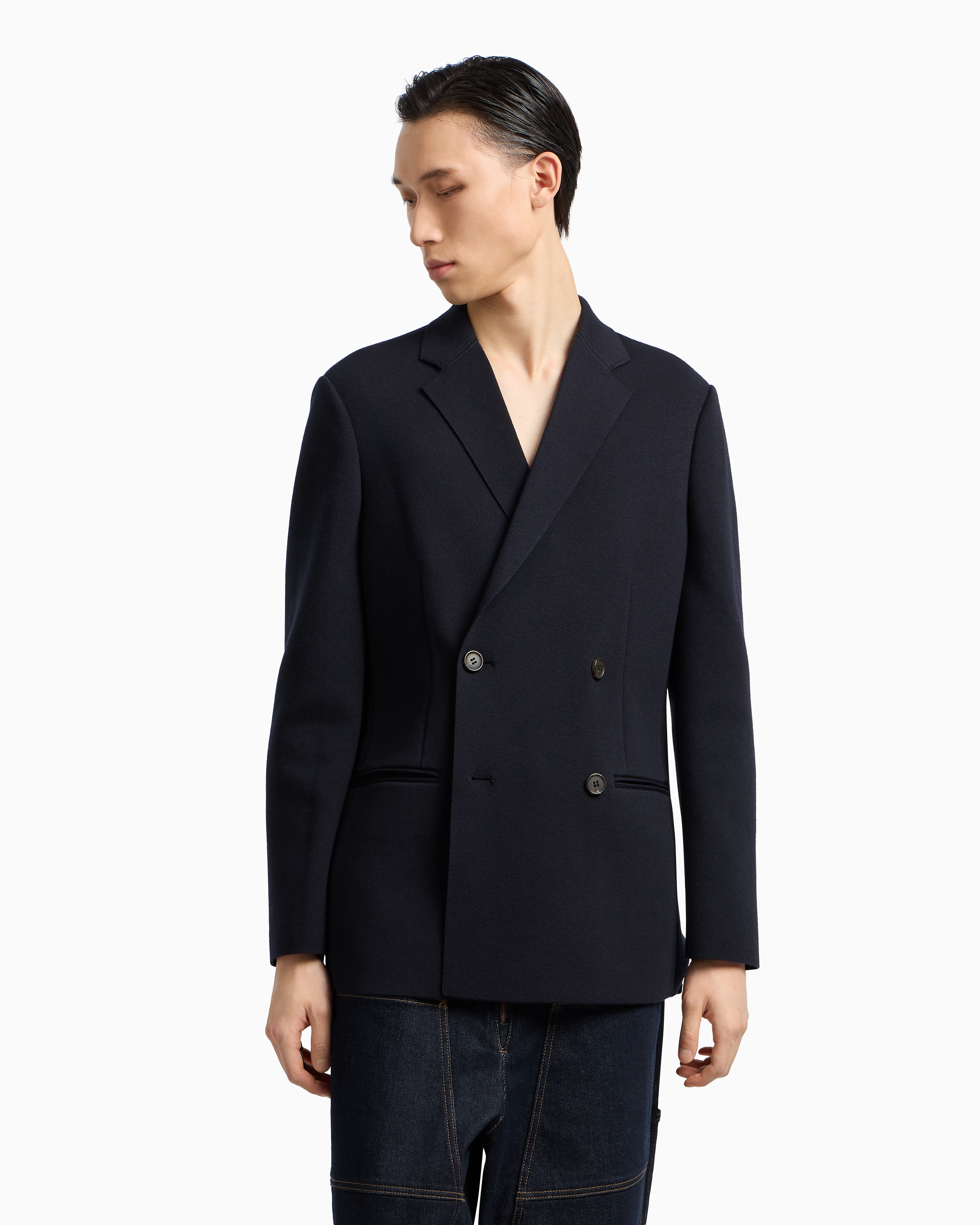 Emporio Armani - Double-breasted blazer a plain-knit wool blend, Man, Navy Blue, Size: