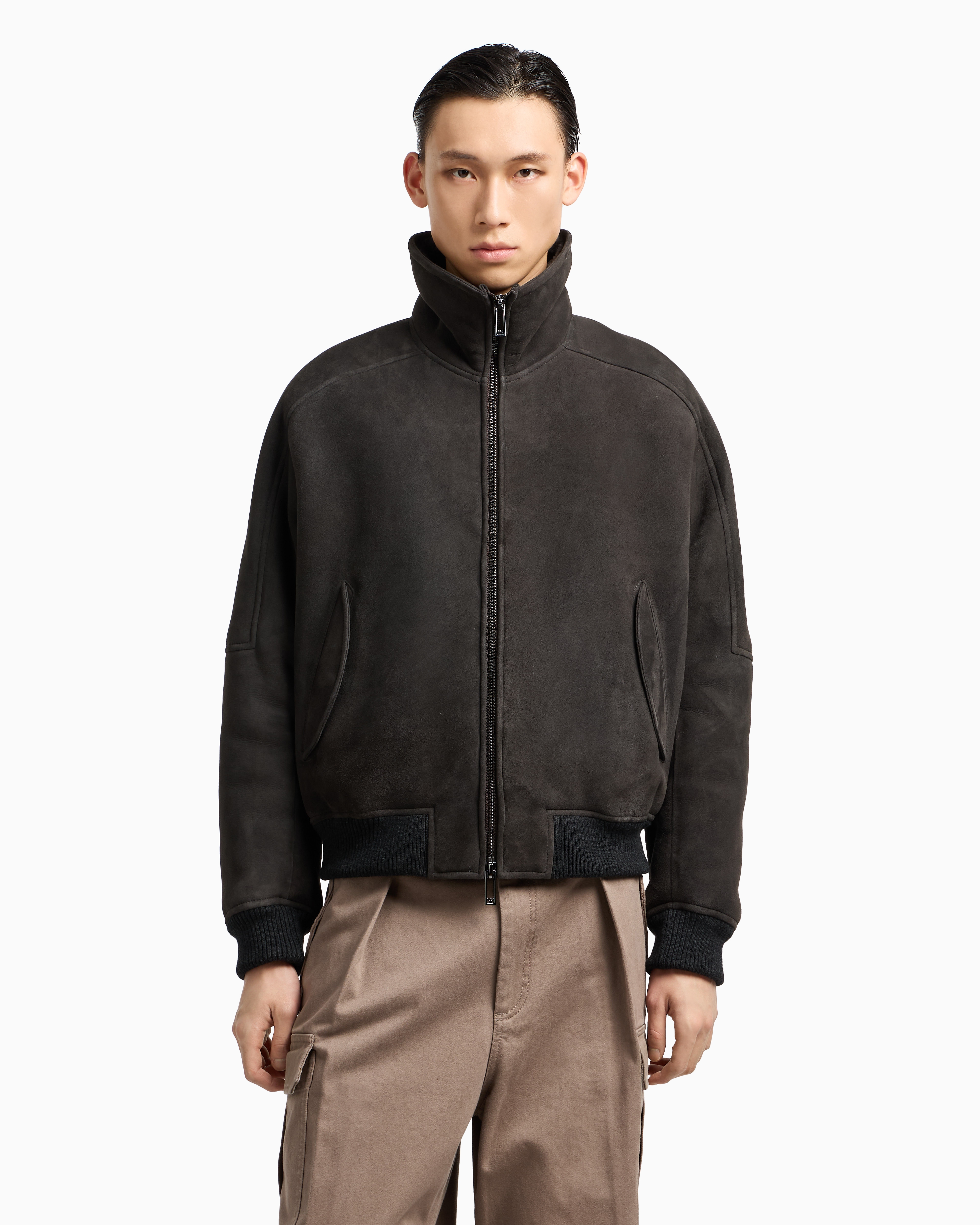Emporio Armani Asv Loose-fit Lamb Suede Shearling Blouson In Green