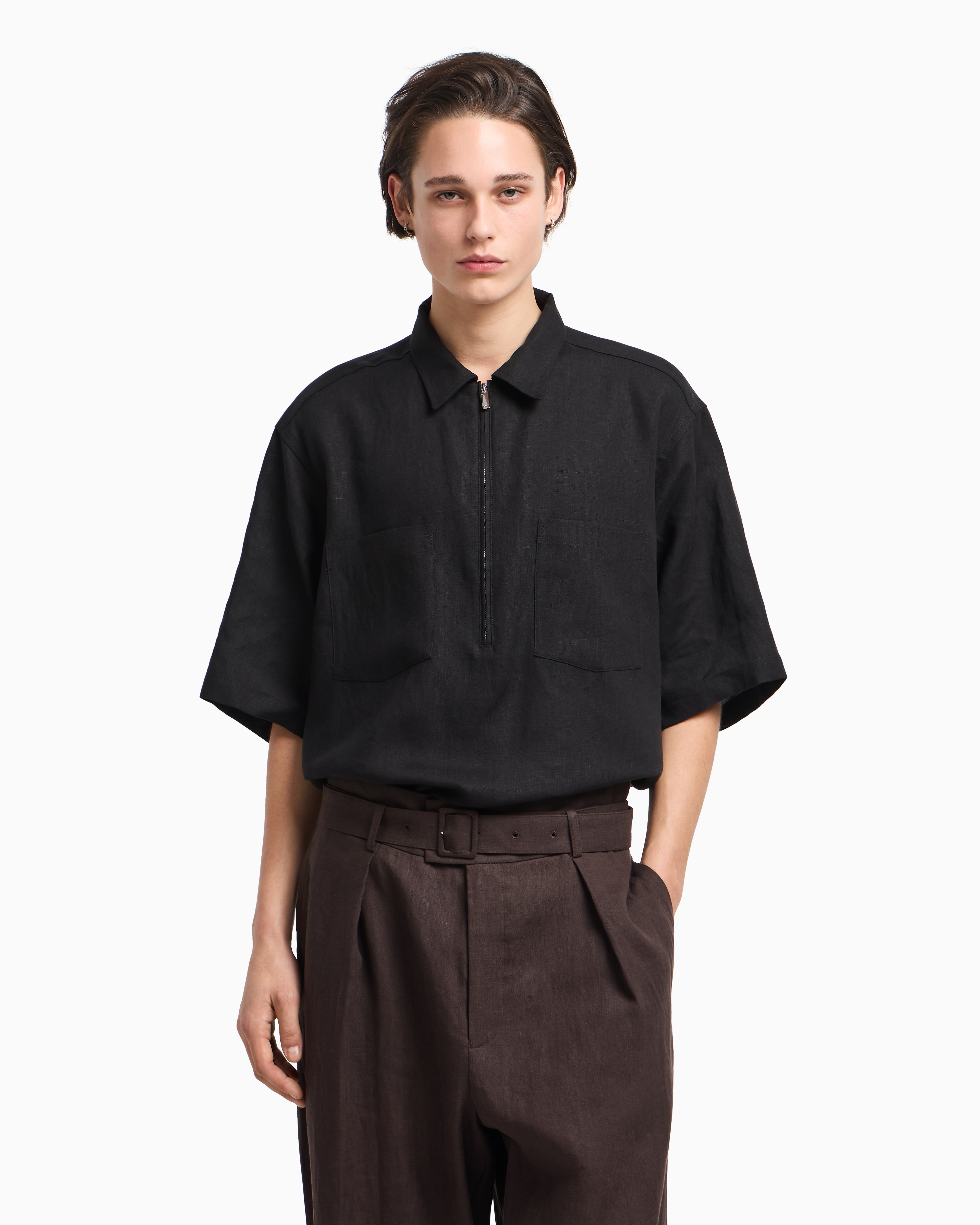 Emporio Armani Pure Linen Shirt With Partial Zip