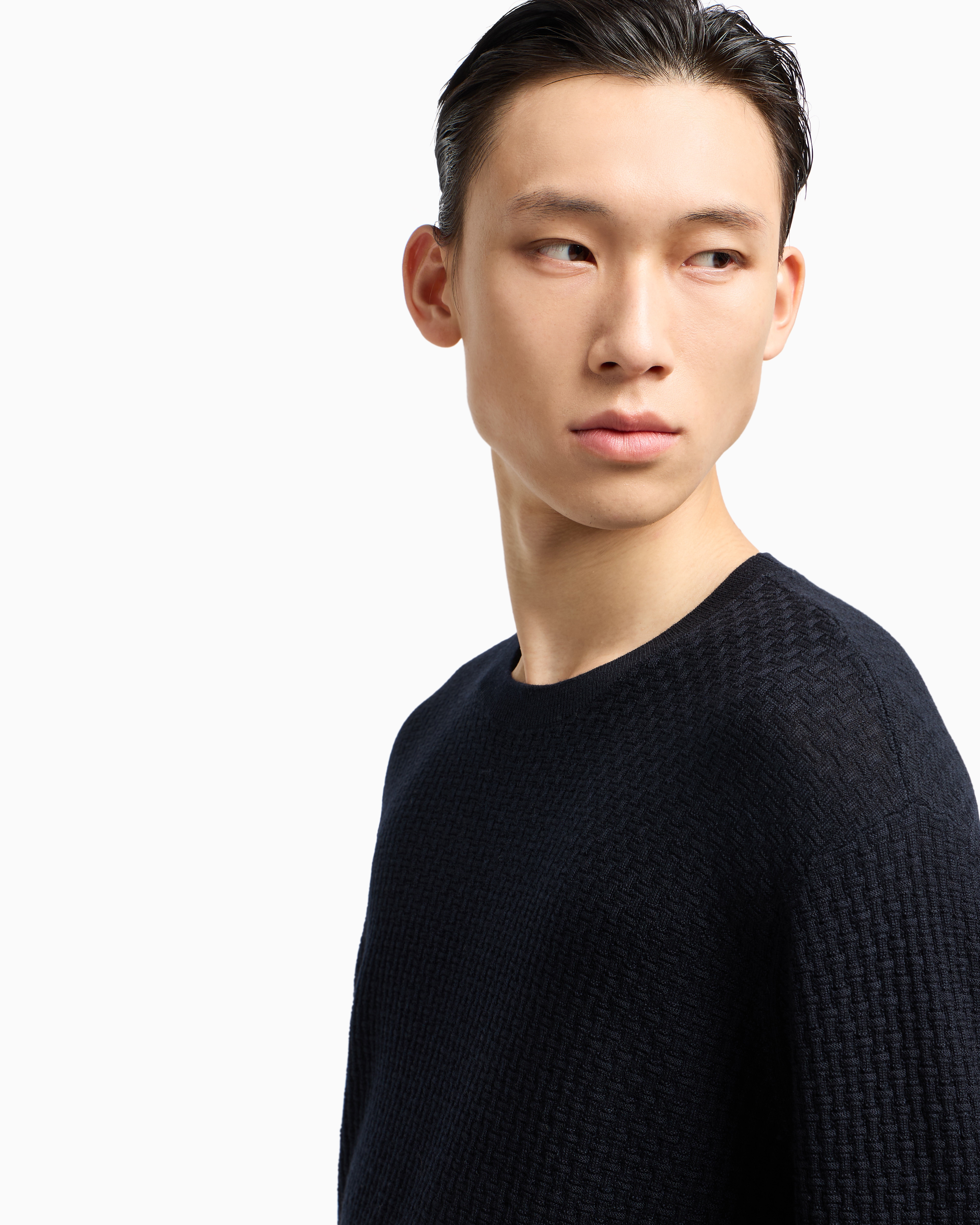 Emporio Armani Virgin Wool Jumper With Embossed Jacquard Pattern In Black
