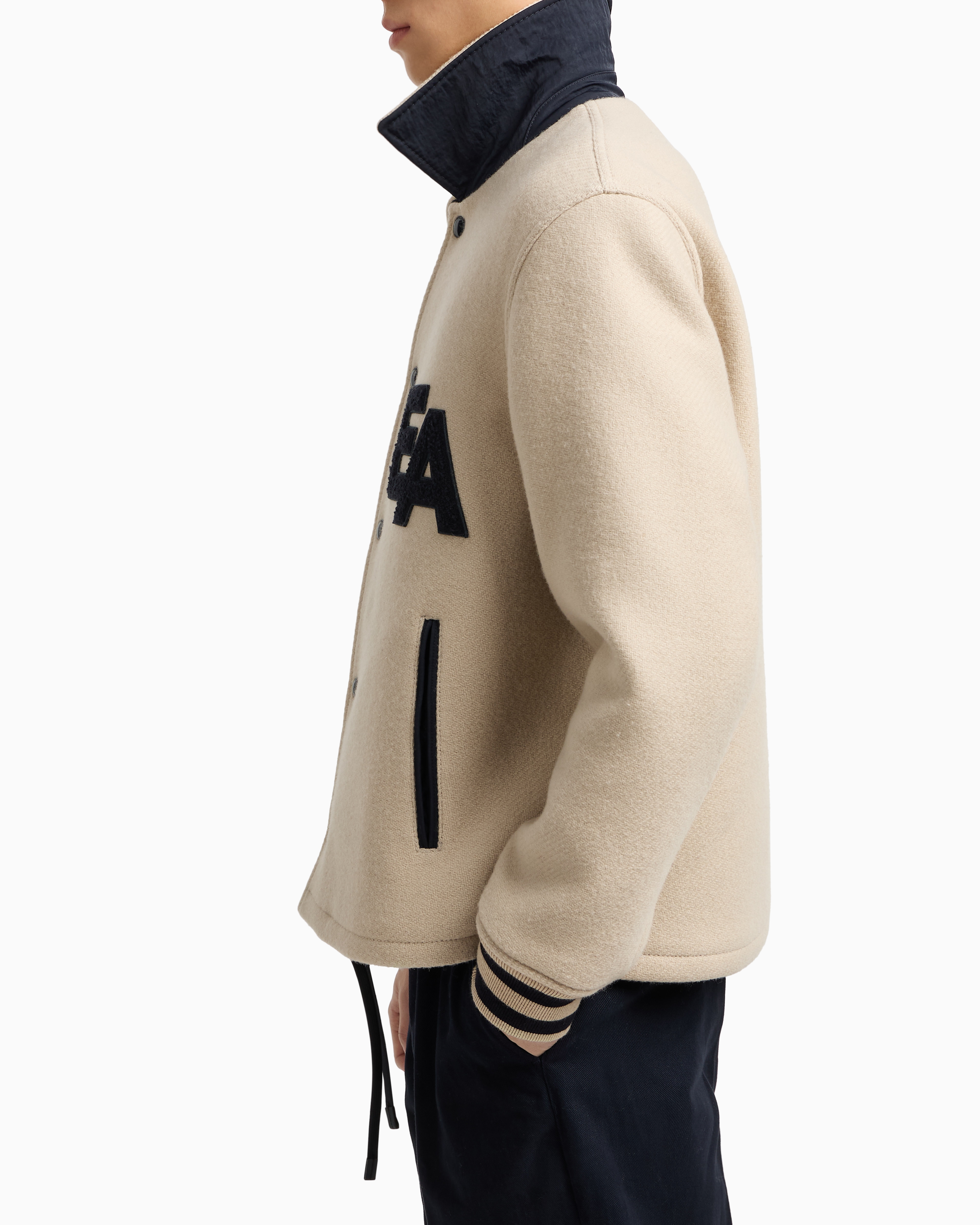 Emporio Armani - Blouson with press studs wool cloth an oversized EA patch, Man, Beige, Size: