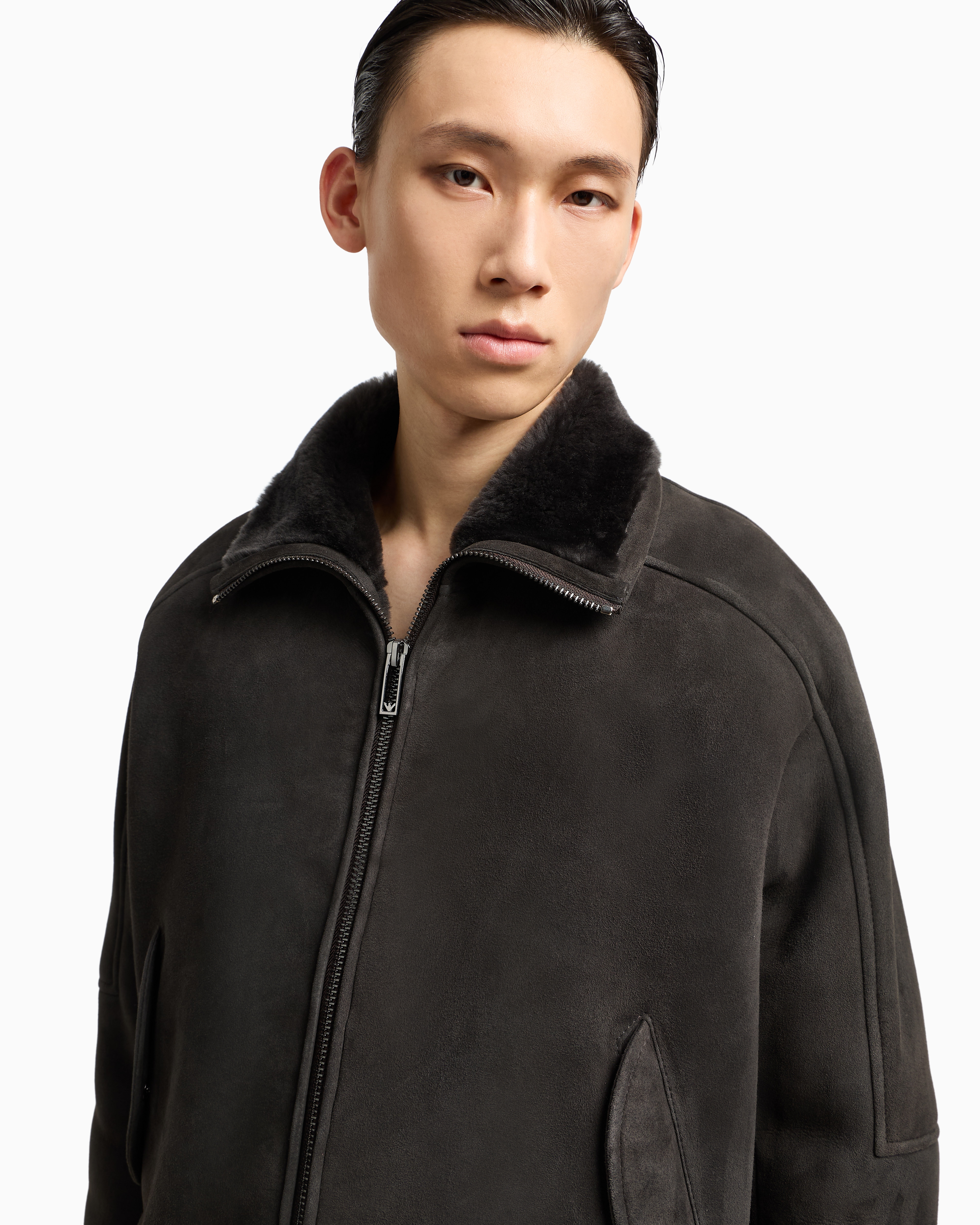Emporio Armani Asv Loose-fit Lamb Suede Shearling Blouson In Green