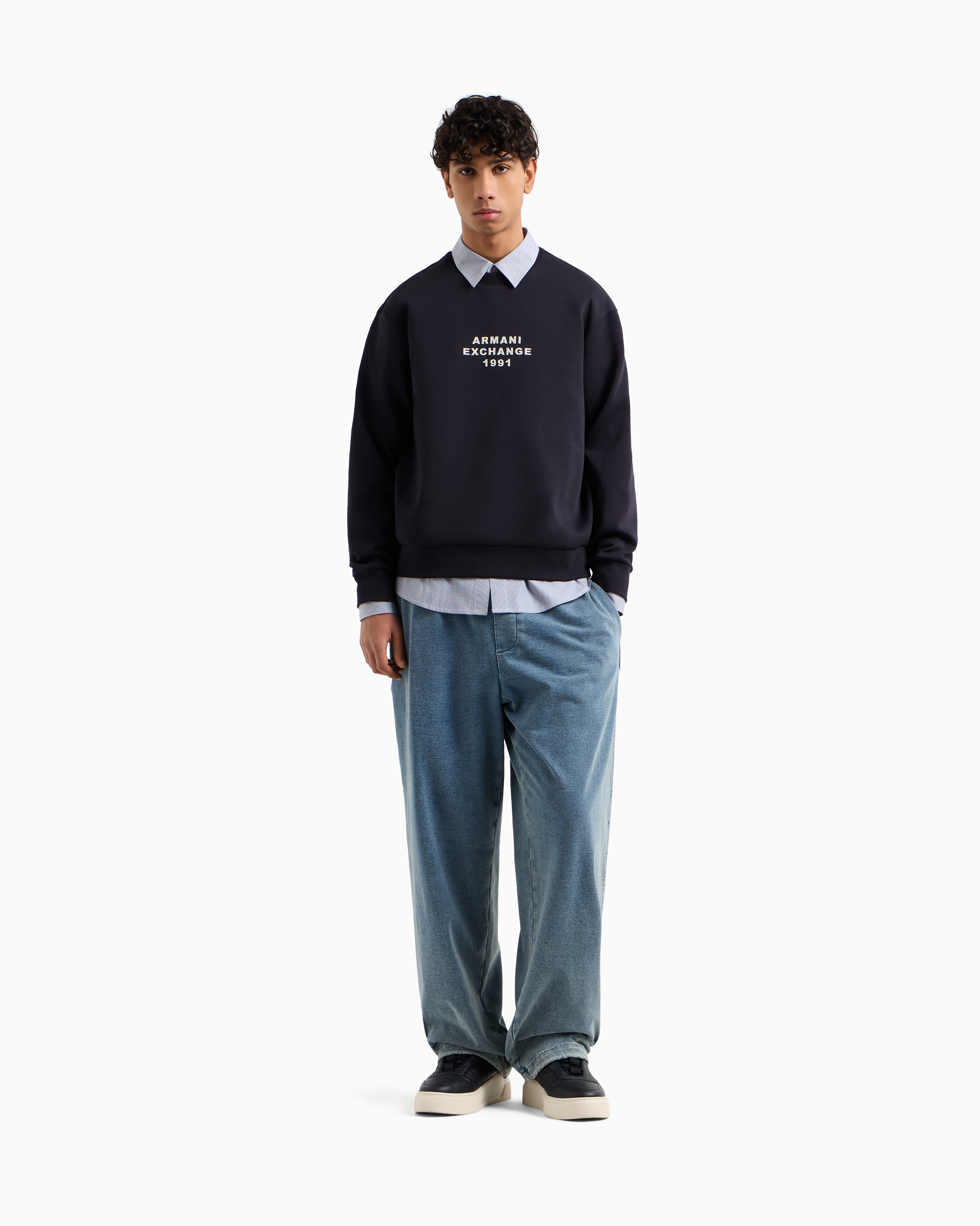Armani Exchange - Crewneck sweatshirt bonded stretch fabric, Man, Navy Blue, Size: