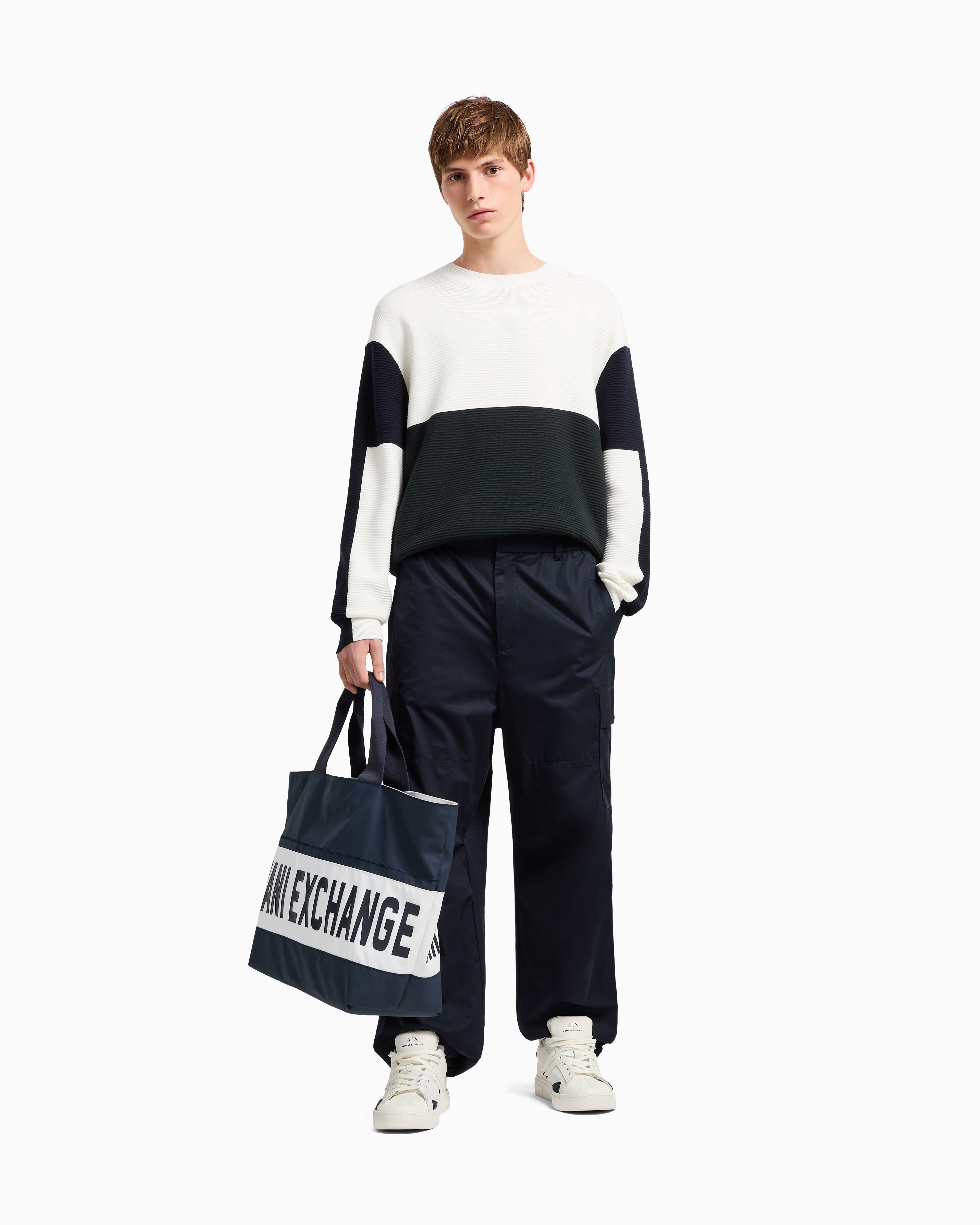 (取寄) アルマーニエクスチェンジ メンズ カラー ブロック コットン セーター Armani Exchange men Color Block Cotton Sweater Off White / Jet Set undefined
