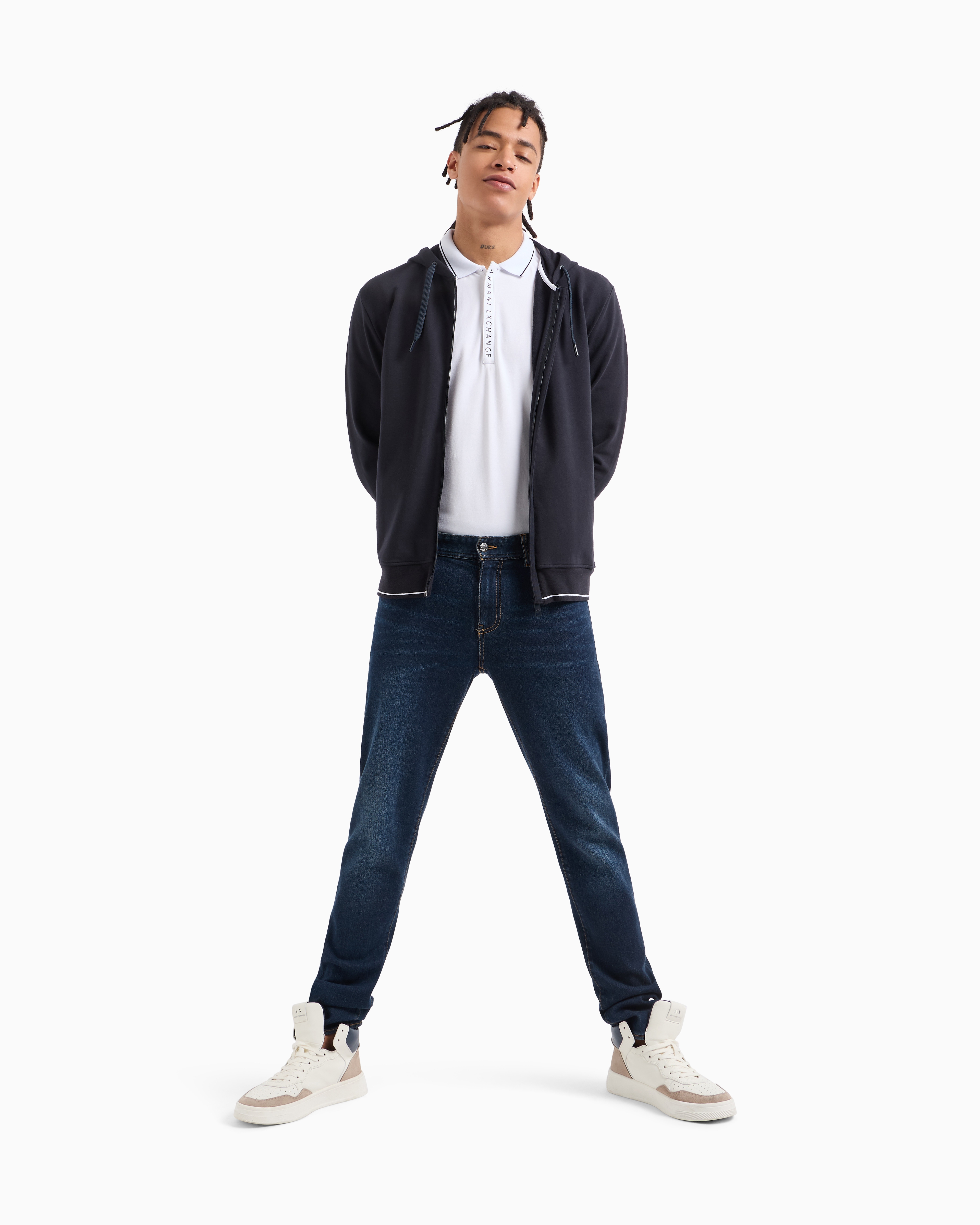 EMPORIO ARMANI フード付きジャンパー ネイビー Full-zip nylon blouson with stowaway hood | Emporio Armani
