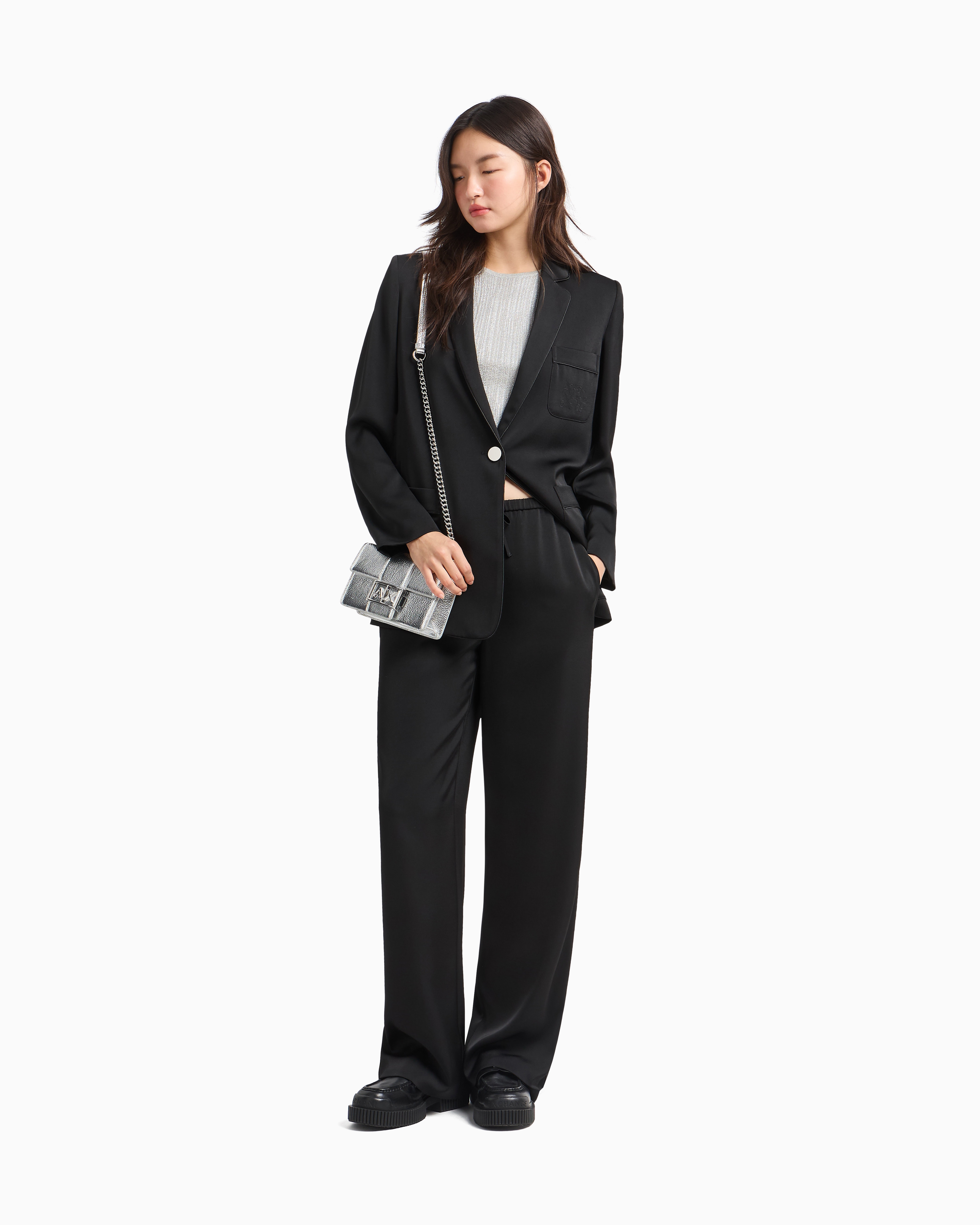Armani Exchange - Palazzo trousers in matte satin fabric, Woman, Black, Size: 4
