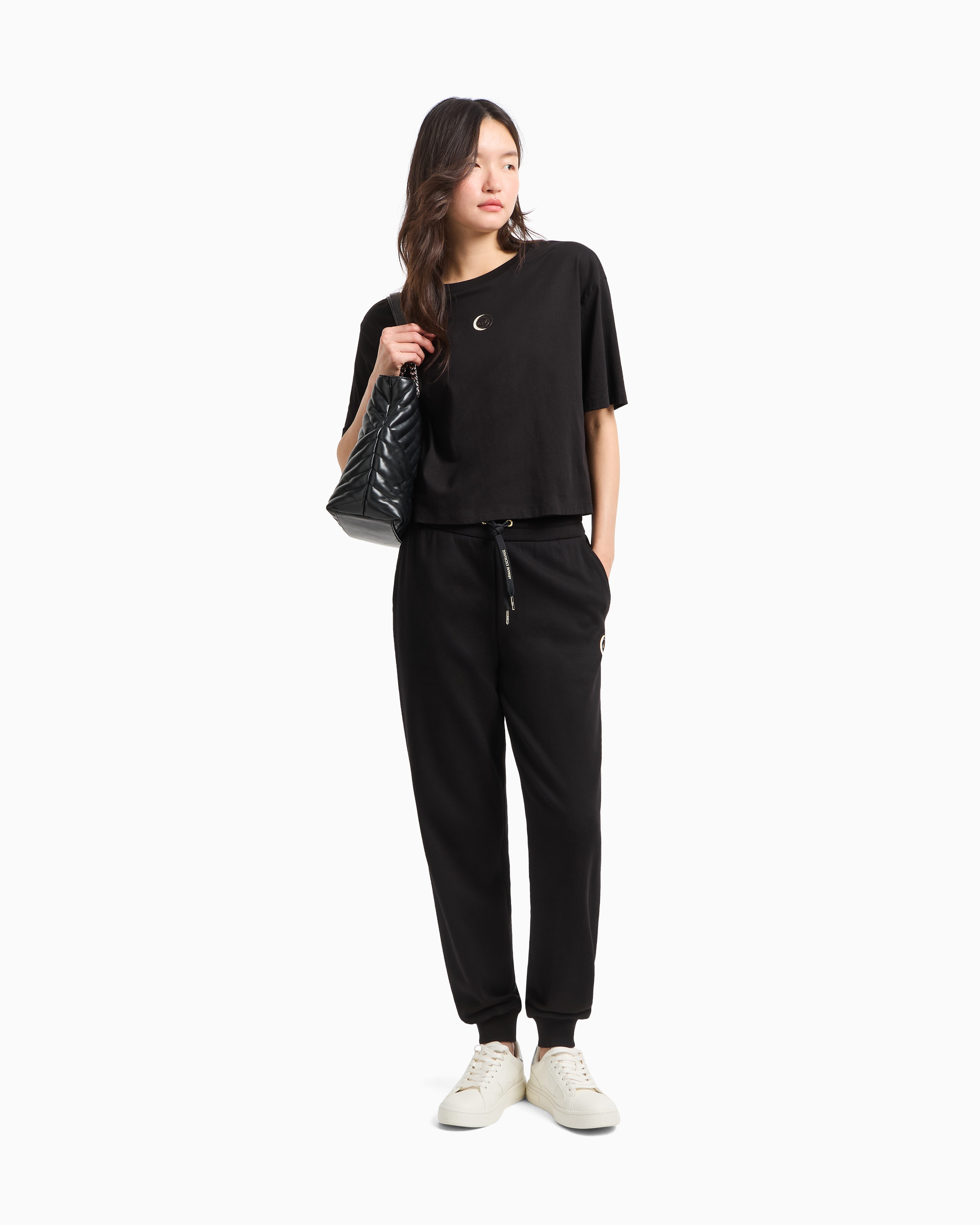 Armani Exchange - Cropped jersey T-shirt with metal logo, Woman, Black, Size:
