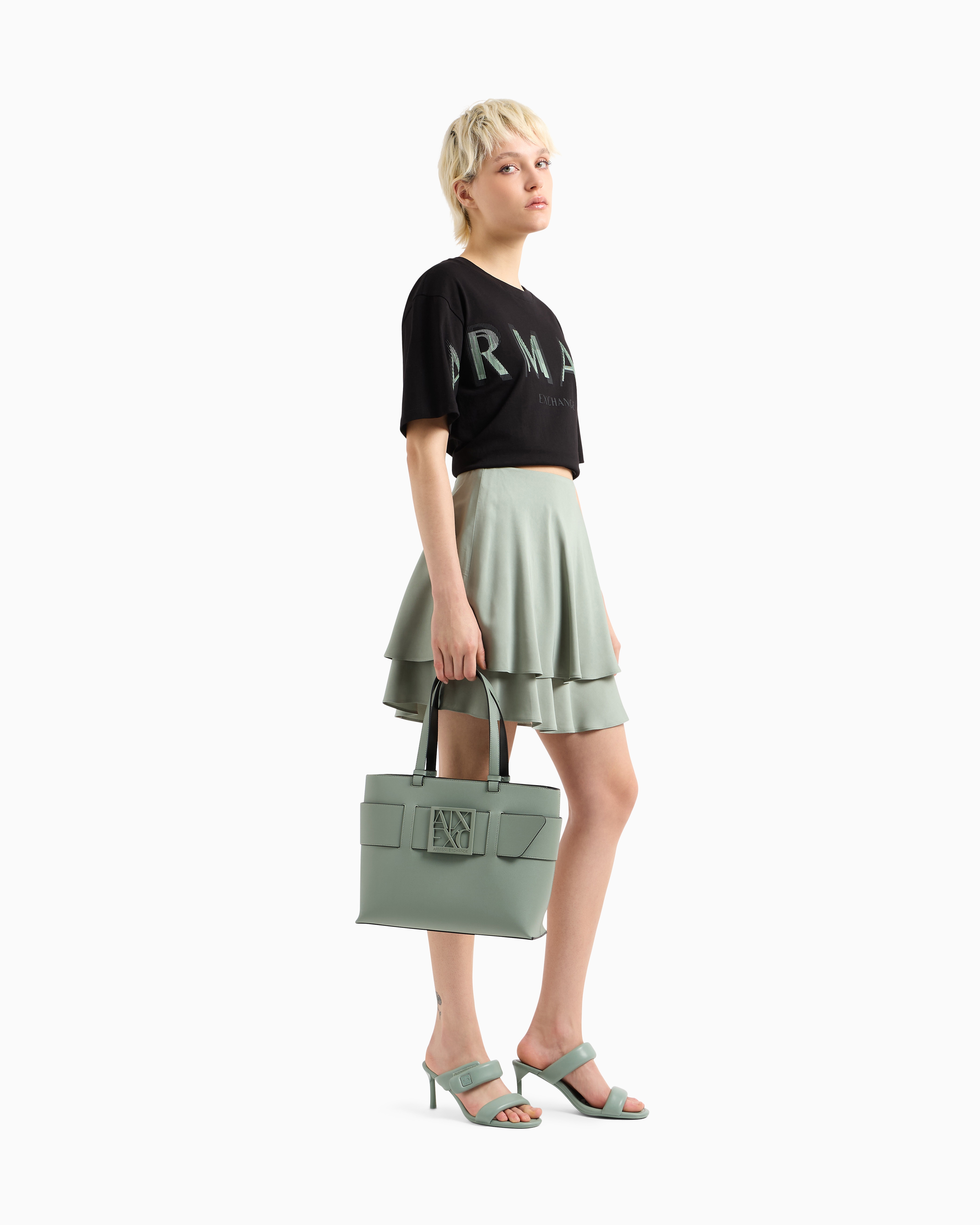 Armani Exchange - Medium shopper bag with tone-on-tone monogram, Woman, Green, Size: TU